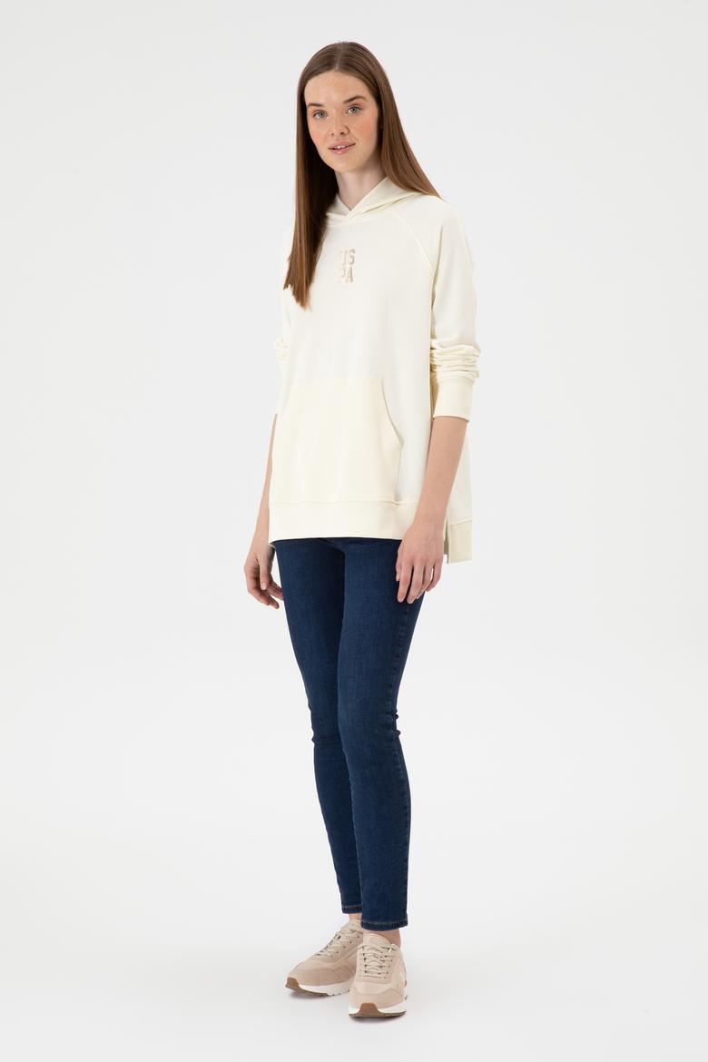 Kadın Krem Yırtmaçlı Kapüşonlu Sweatshırt - 50313611038