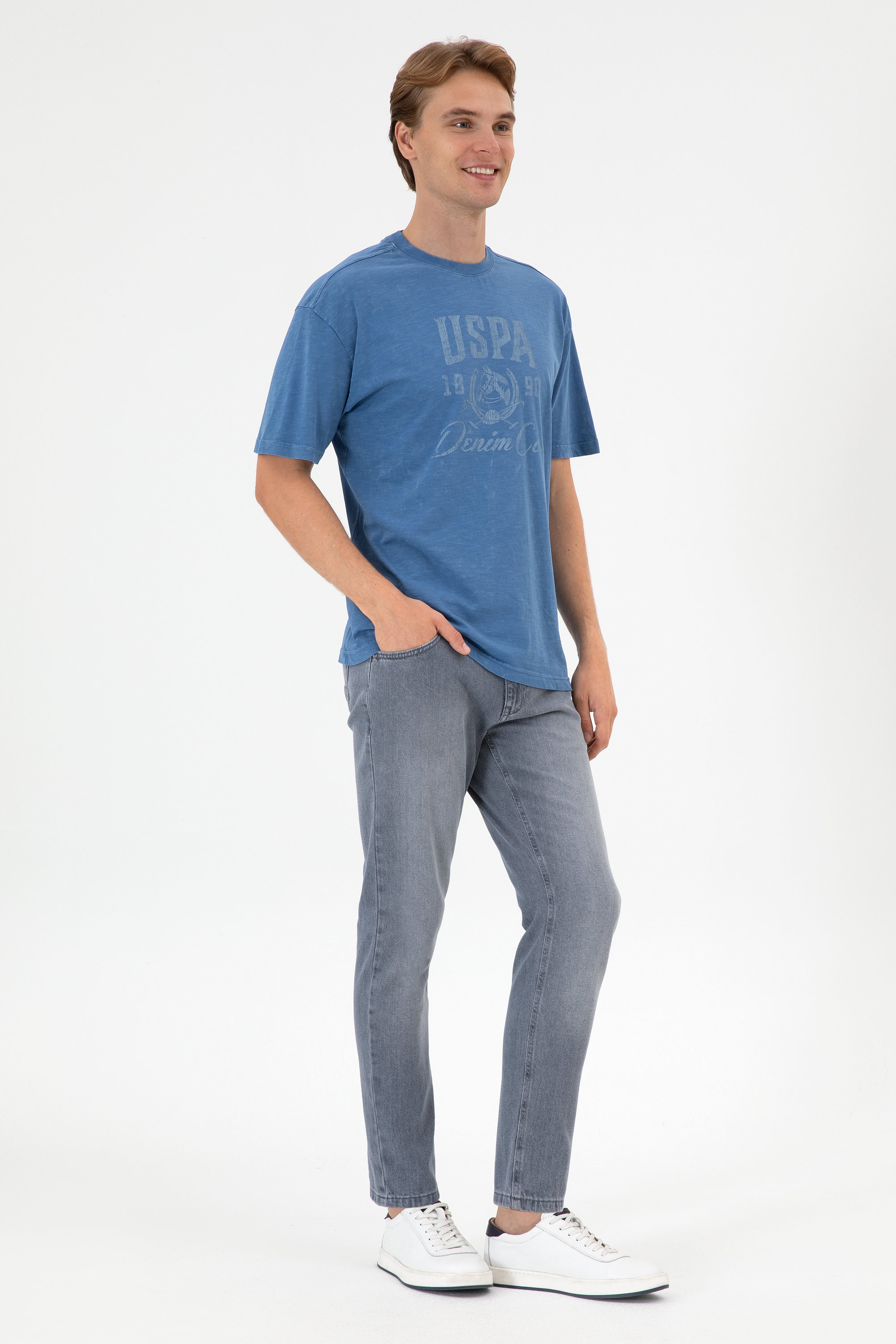 Erkek Comfort Fit Bisiklet Yaka İndigo Tişört