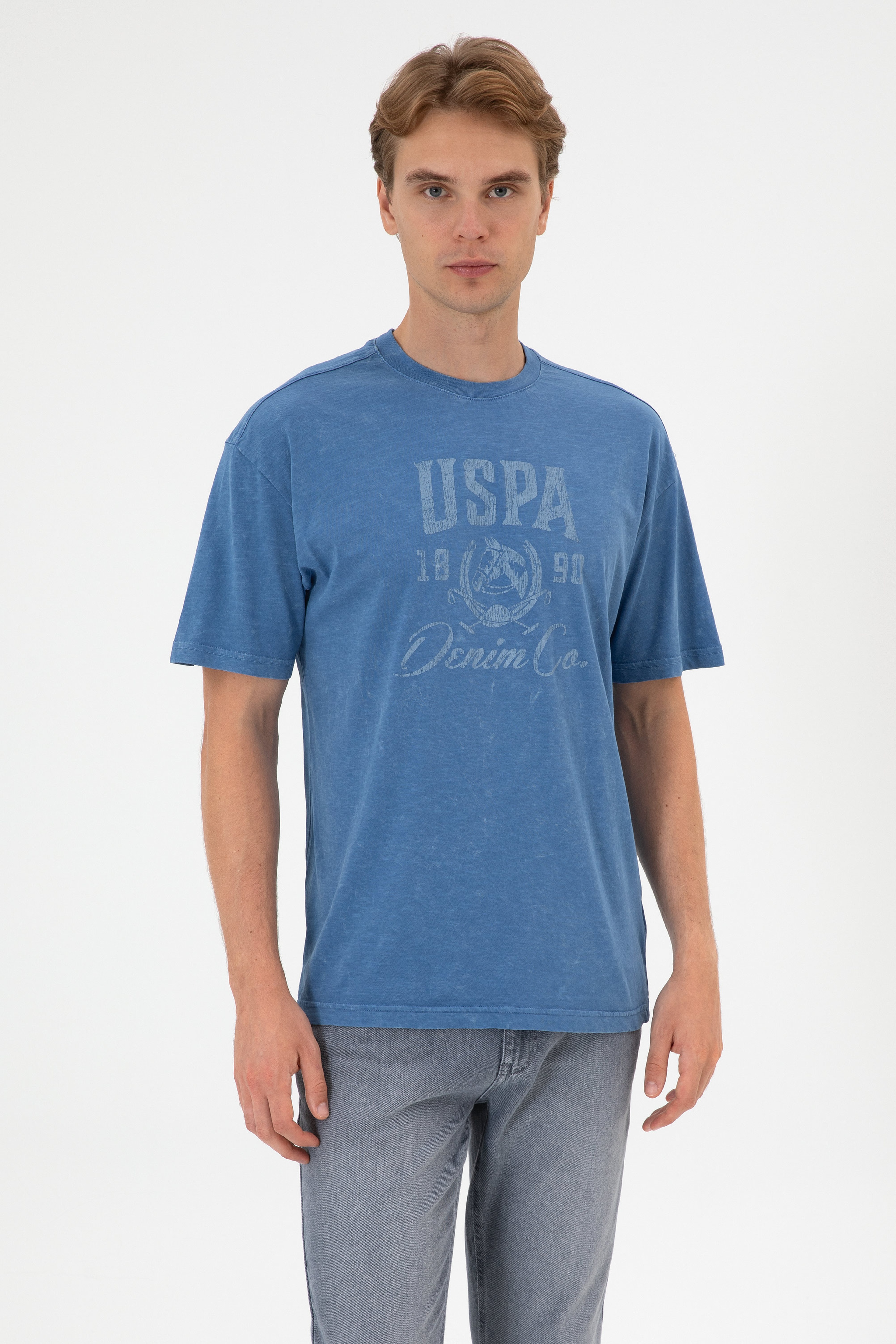 Erkek Comfort Fit Bisiklet Yaka İndigo Tişört - Image 1