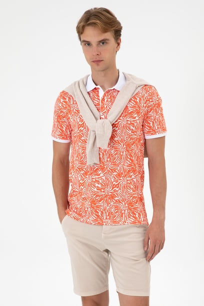 Erkek Regular Fit Polo Yaka Nar Çiçeği Tişört