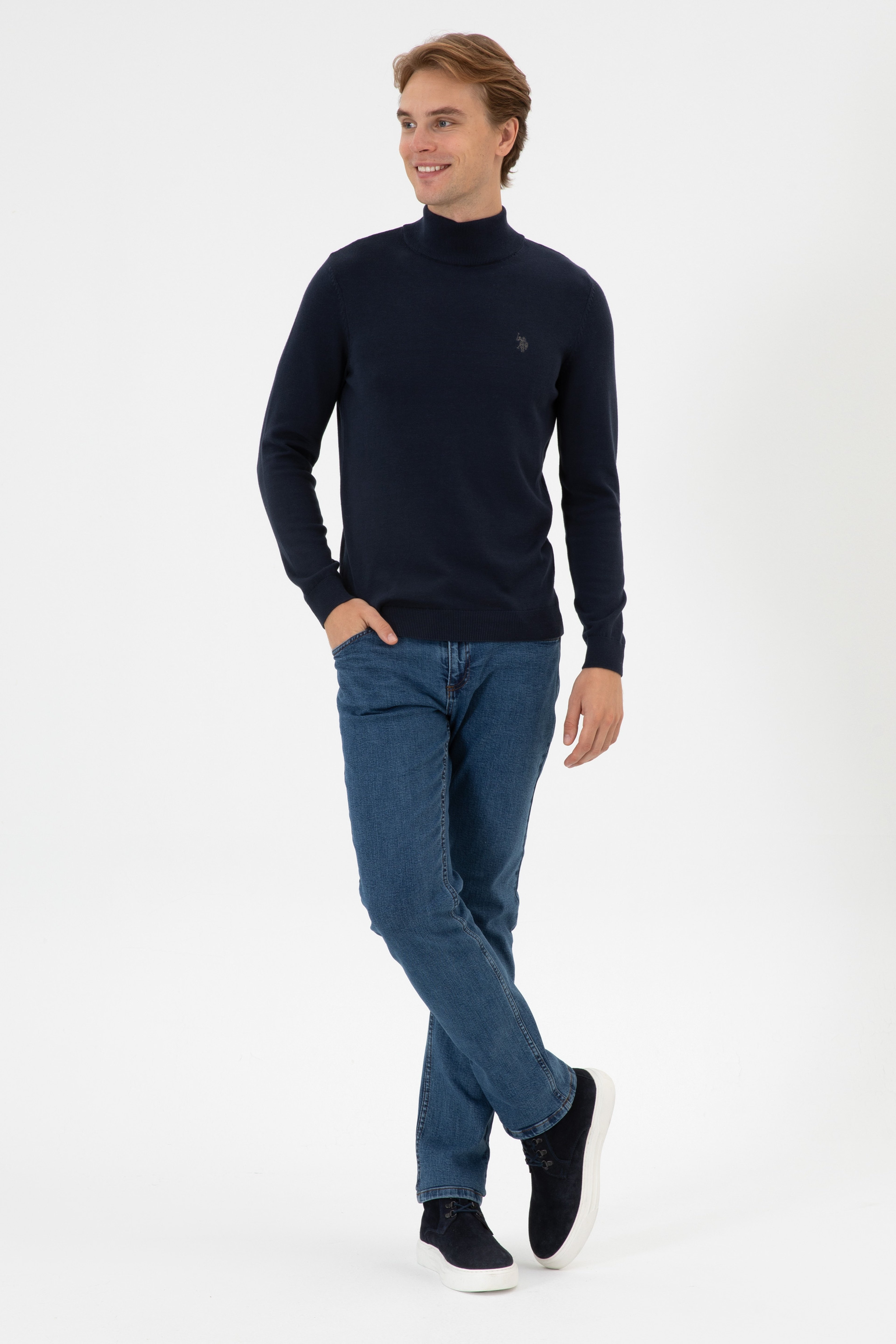 Erkek Slim Fit Boğazlı Lacivert Melanj Basic Kazak