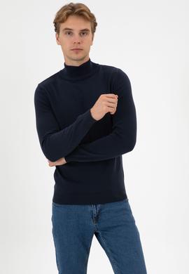 Erkek Slim Fit Boğazlı Lacivert Melanj Basic Kazak - 50313712069