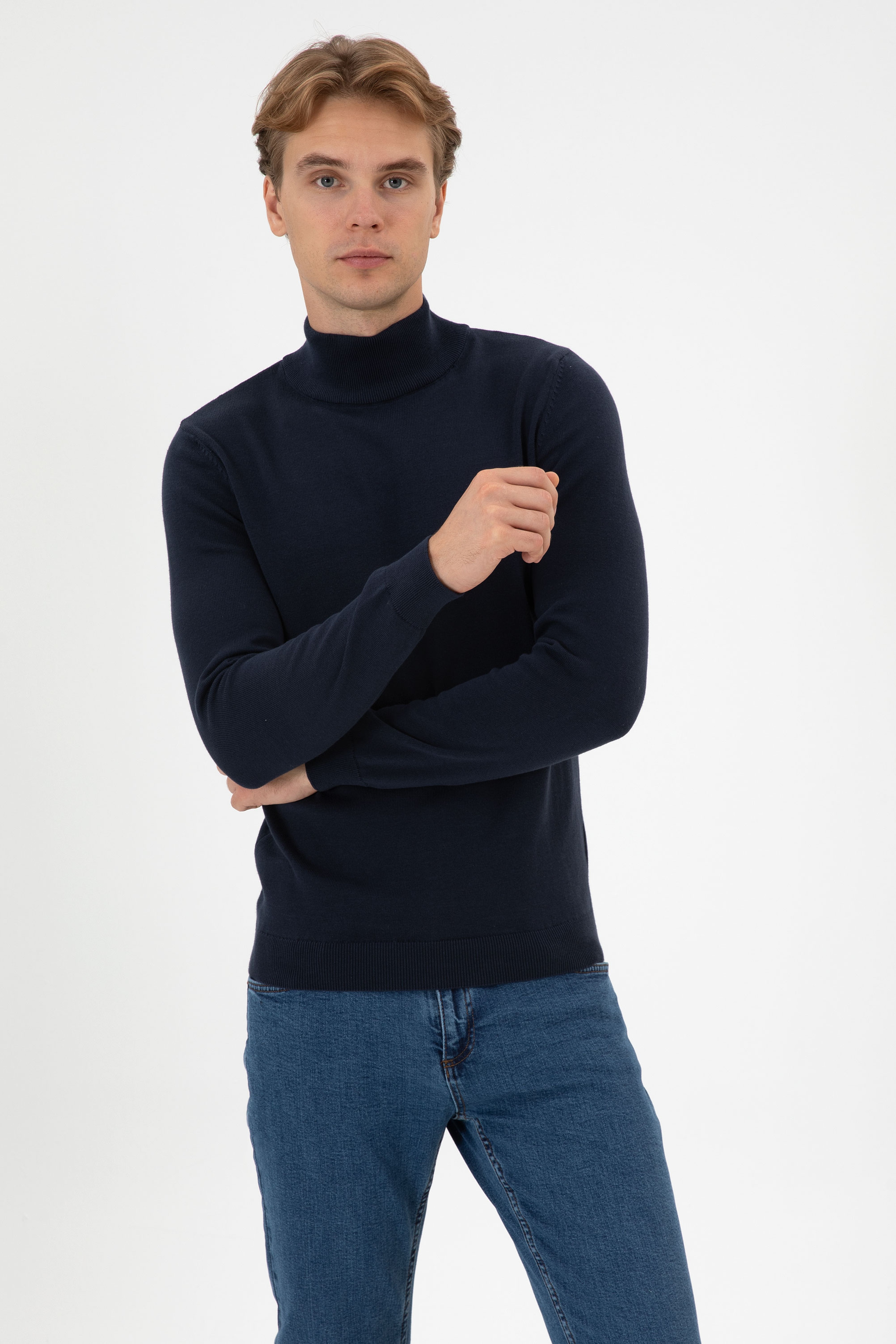 Erkek Slim Fit Boğazlı Lacivert Melanj Basic Kazak - Image 3