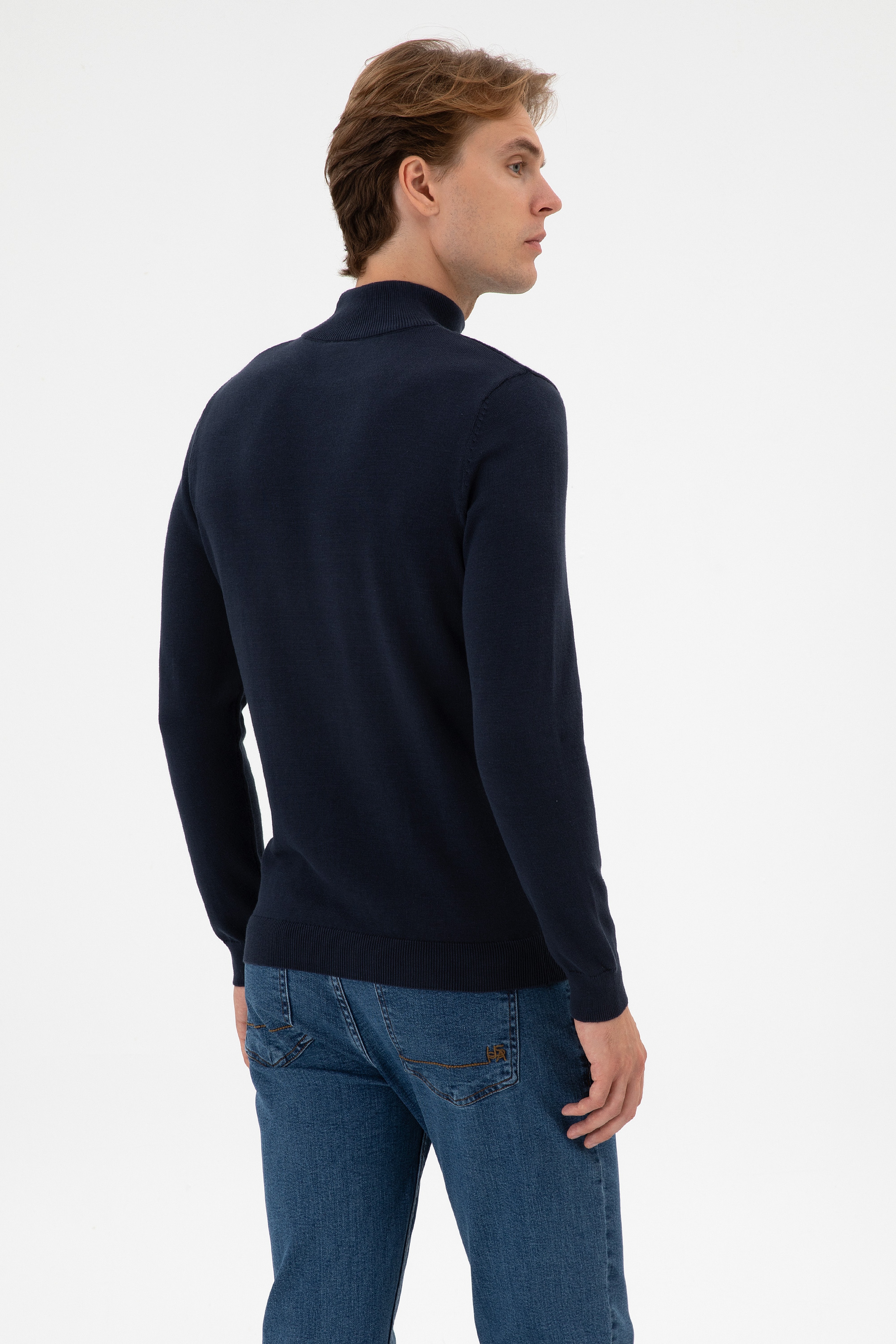Erkek Slim Fit Boğazlı Lacivert Melanj Basic Kazak