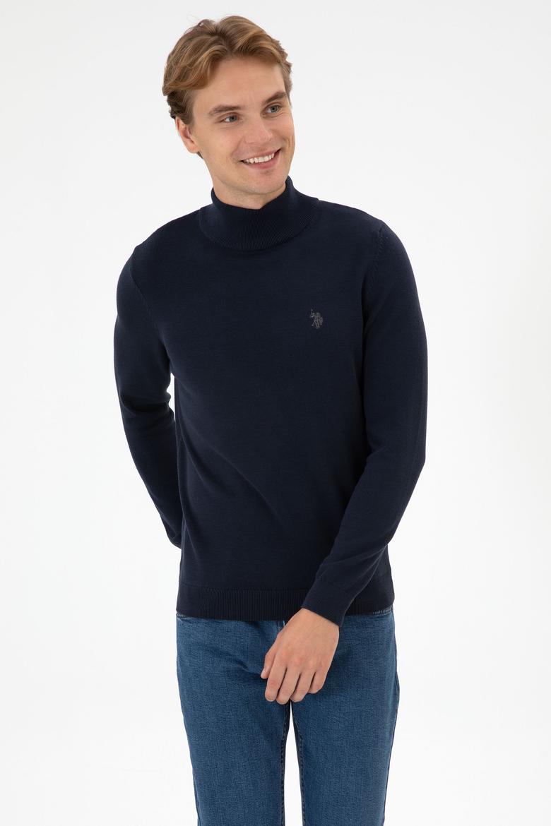 Erkek Slim Fit Boğazlı Lacivert Melanj Basic Kazak