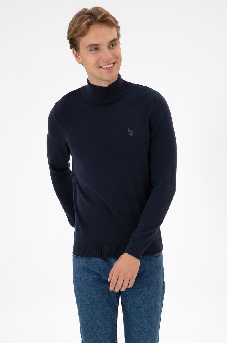 Erkek Slim Fit Boğazlı Lacivert Melanj Basic Kazak