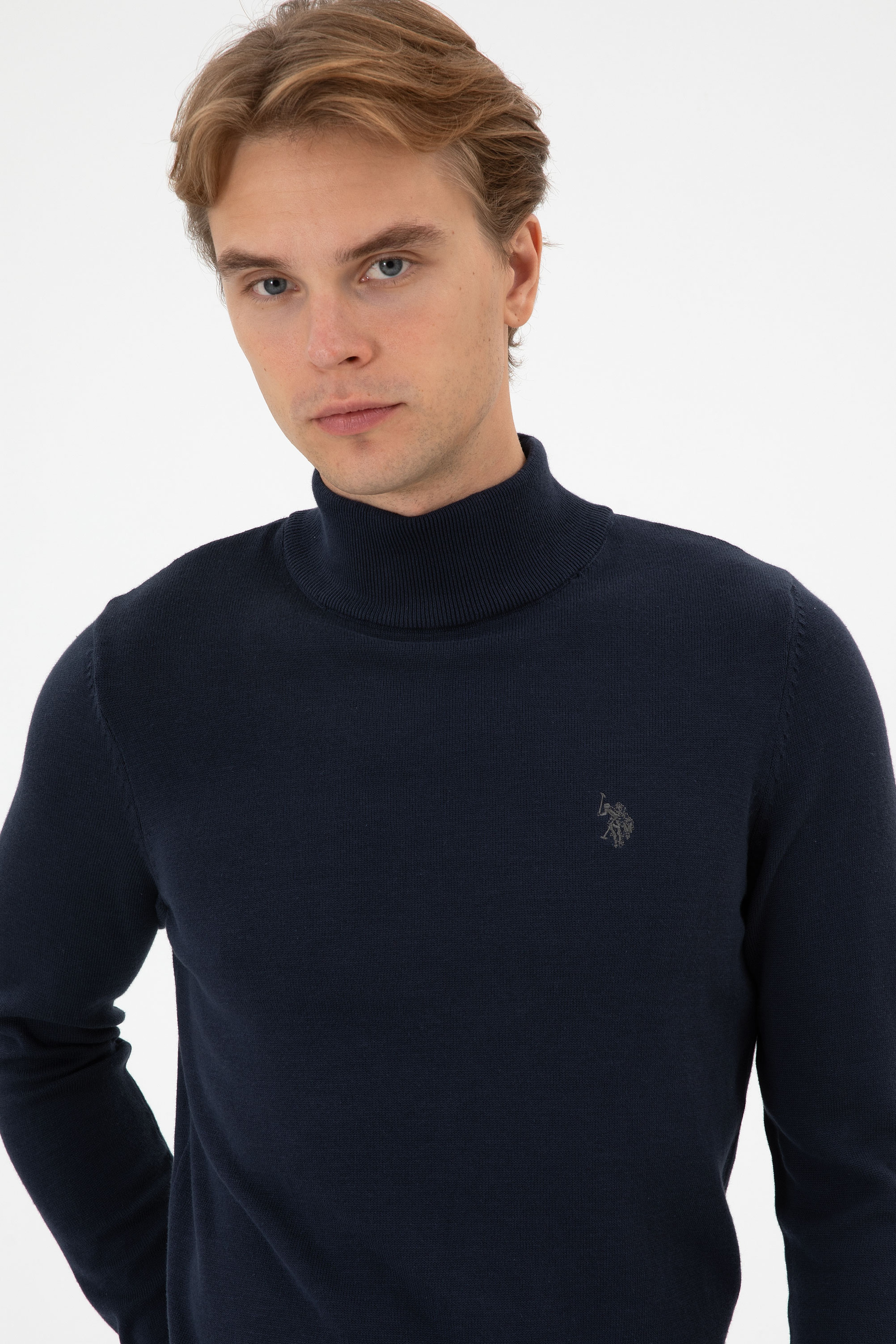 Erkek Slim Fit Boğazlı Lacivert Melanj Basic Kazak - Image 2