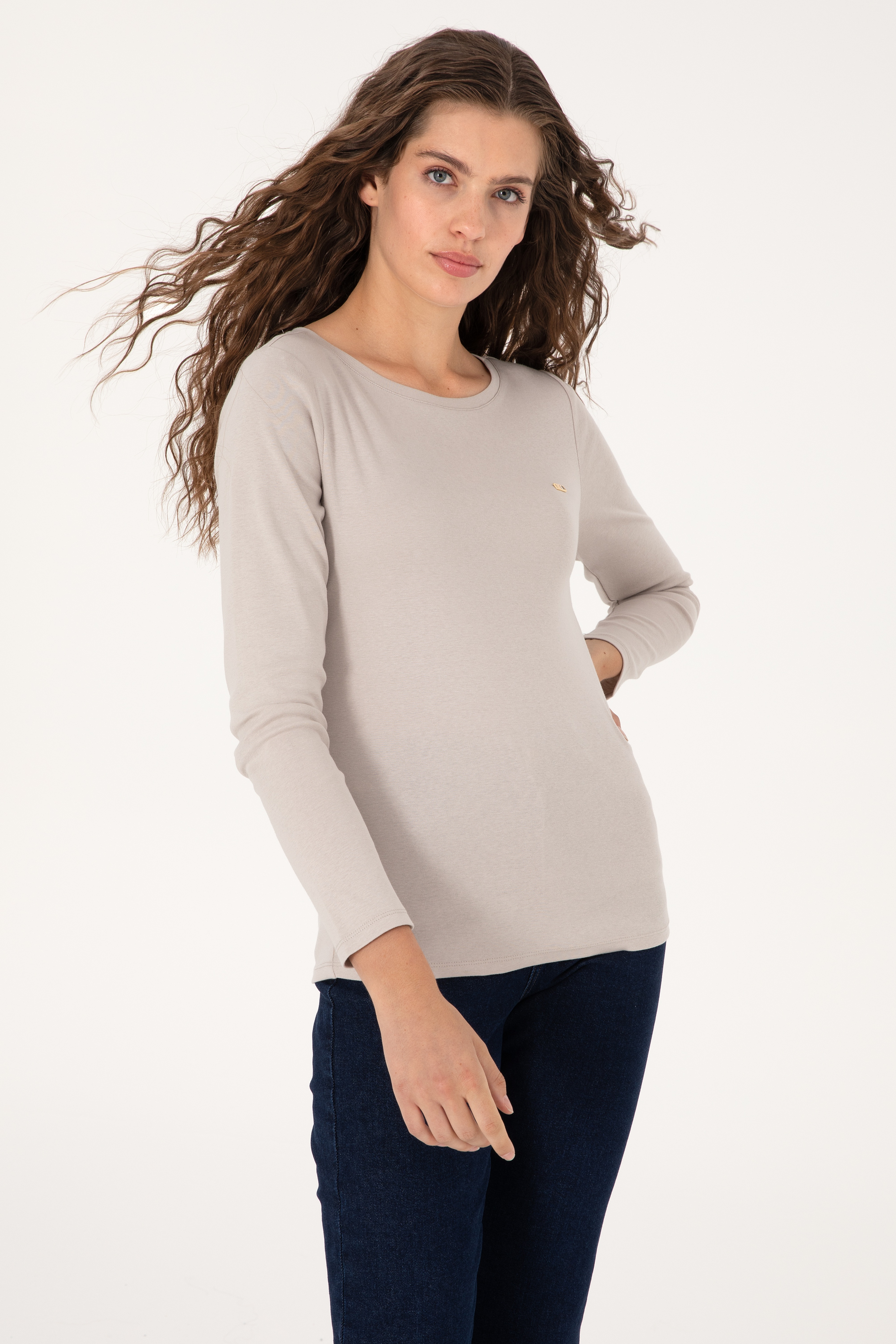 Kadın Taş Slim Bisiklet Yaka Basic Sweatshırt - Image 3