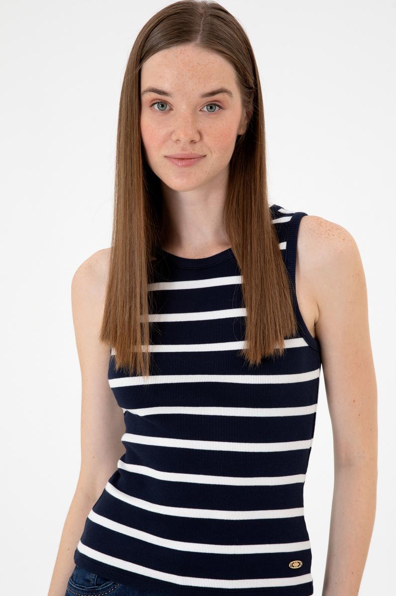 Kadın Lacivert Çizgili Kolsuz Bisiklet Yaka Tişört