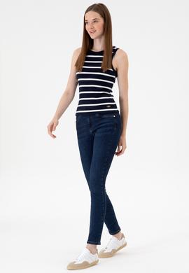 Kadın Lacivert Çizgili Kolsuz Bisiklet Yaka Tişört - 50307275013