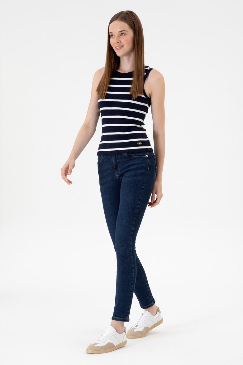 Kadın Lacivert Çizgili Kolsuz Bisiklet Yaka Tişört - 50307275013