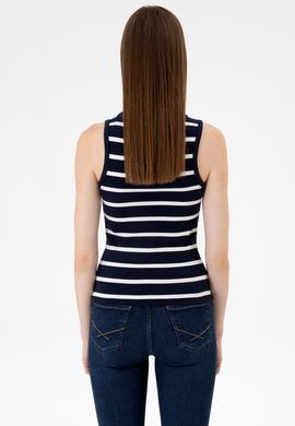 Kadın Lacivert Çizgili Kolsuz Bisiklet Yaka Tişört - 50307275013