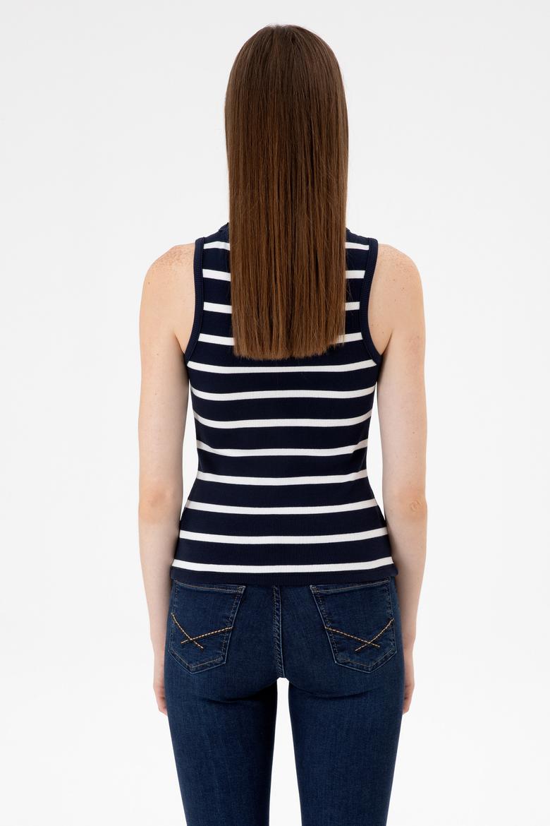 Kadın Lacivert Çizgili Kolsuz Bisiklet Yaka Tişört - 50307275013