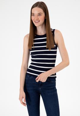 Kadın Lacivert Çizgili Kolsuz Bisiklet Yaka Tişört - 50307275013