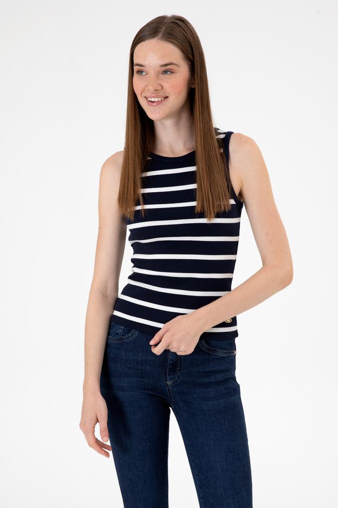 Kadın Lacivert Çizgili Kolsuz Bisiklet Yaka Tişört