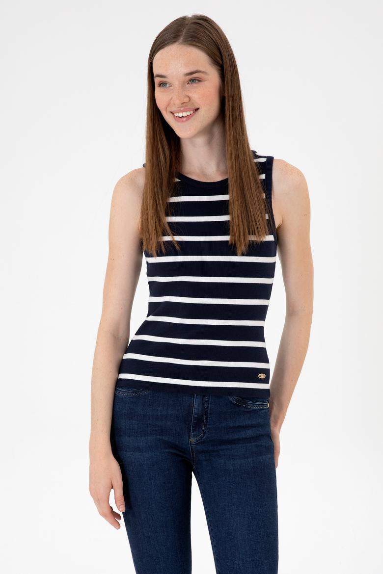 Kadın Lacivert Çizgili Kolsuz Bisiklet Yaka Tişört - 50307275013