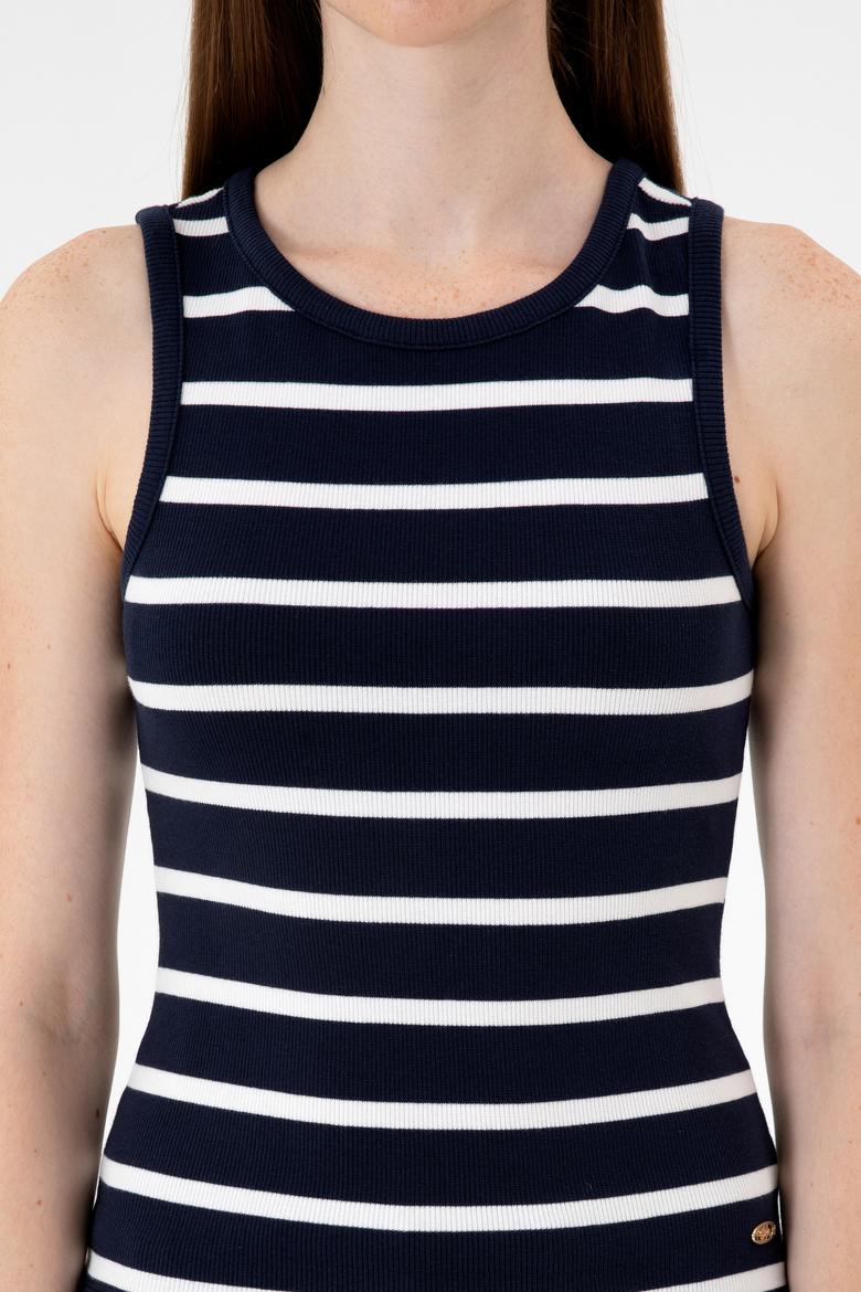 Kadın Lacivert Çizgili Kolsuz Bisiklet Yaka Tişört - 50307275013
