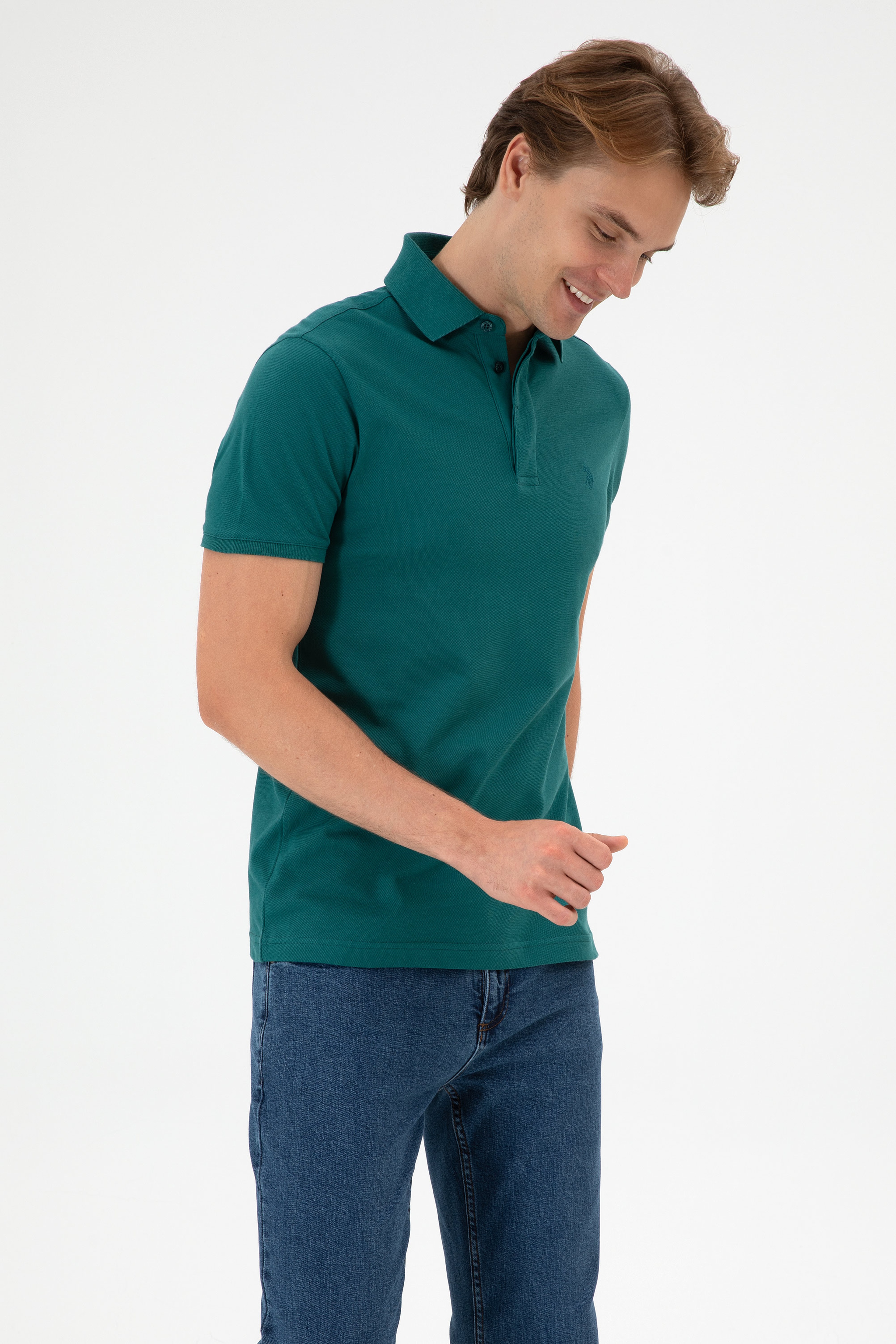 Erkek Slim Fit Polo Yaka Koyu Yeşil Basic Tişört - Image 3