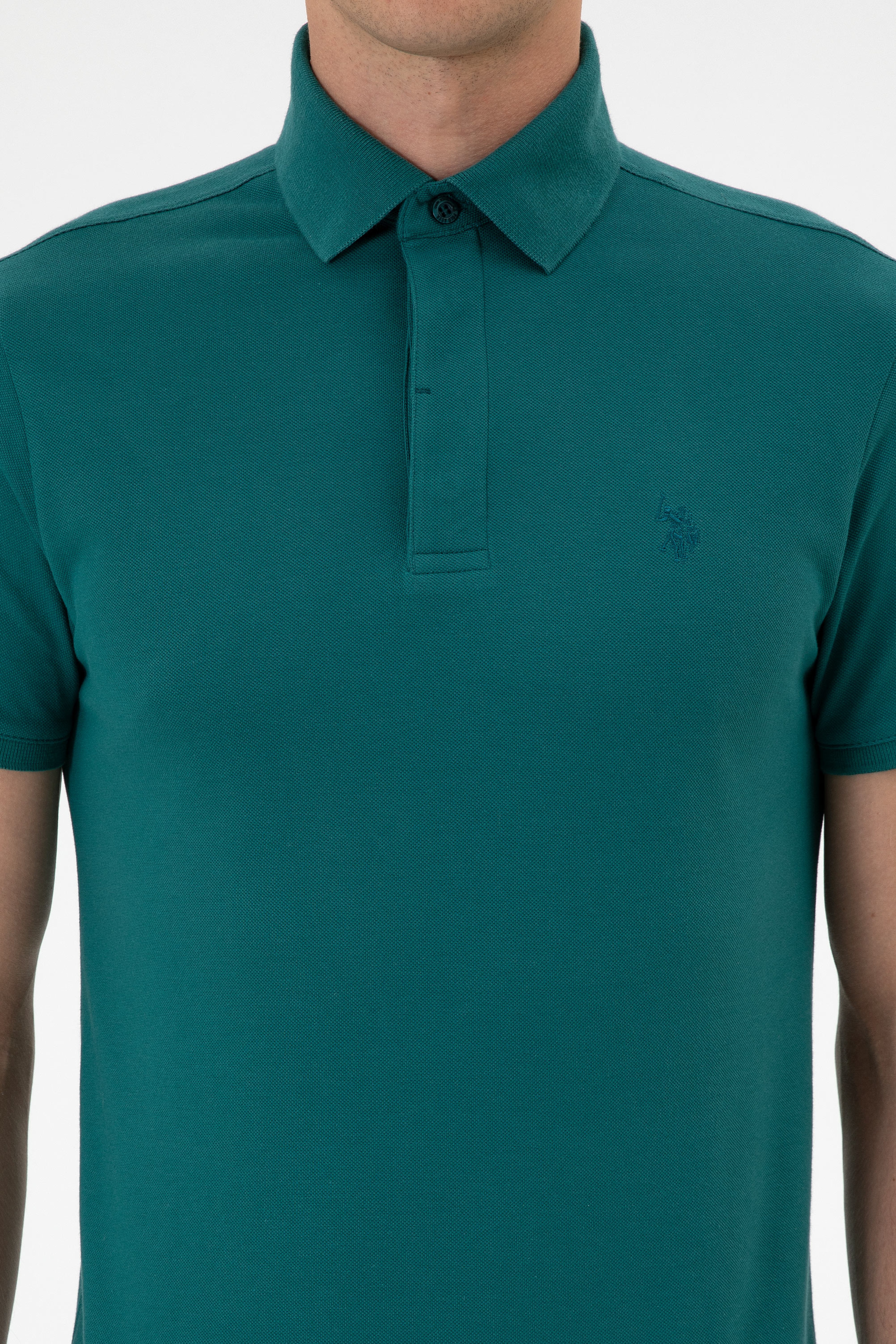 Erkek Slim Fit Polo Yaka Koyu Yeşil Basic Tişört - Image 6