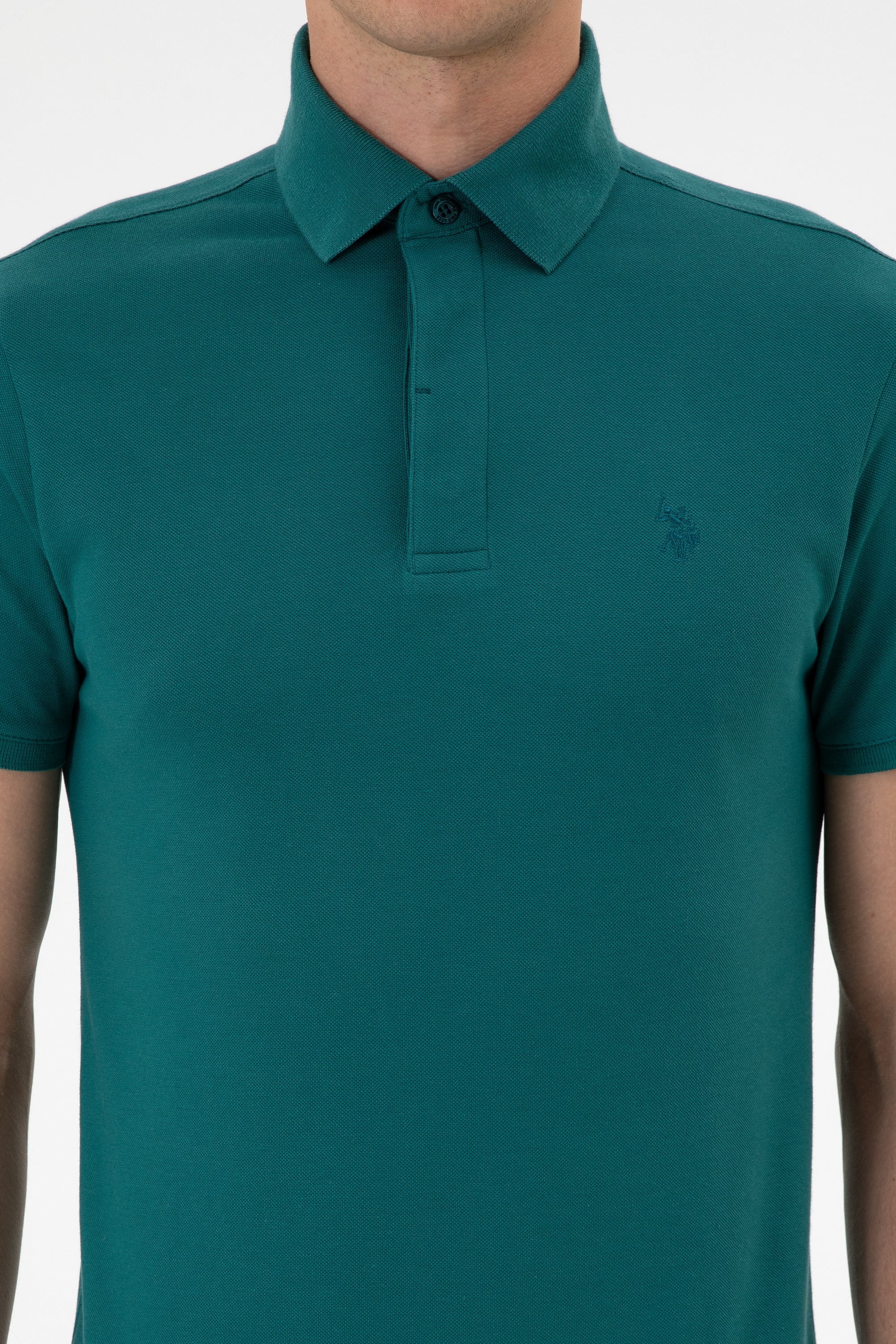 Erkek Slim Fit Polo Yaka Koyu Yeşil Basic Tişört