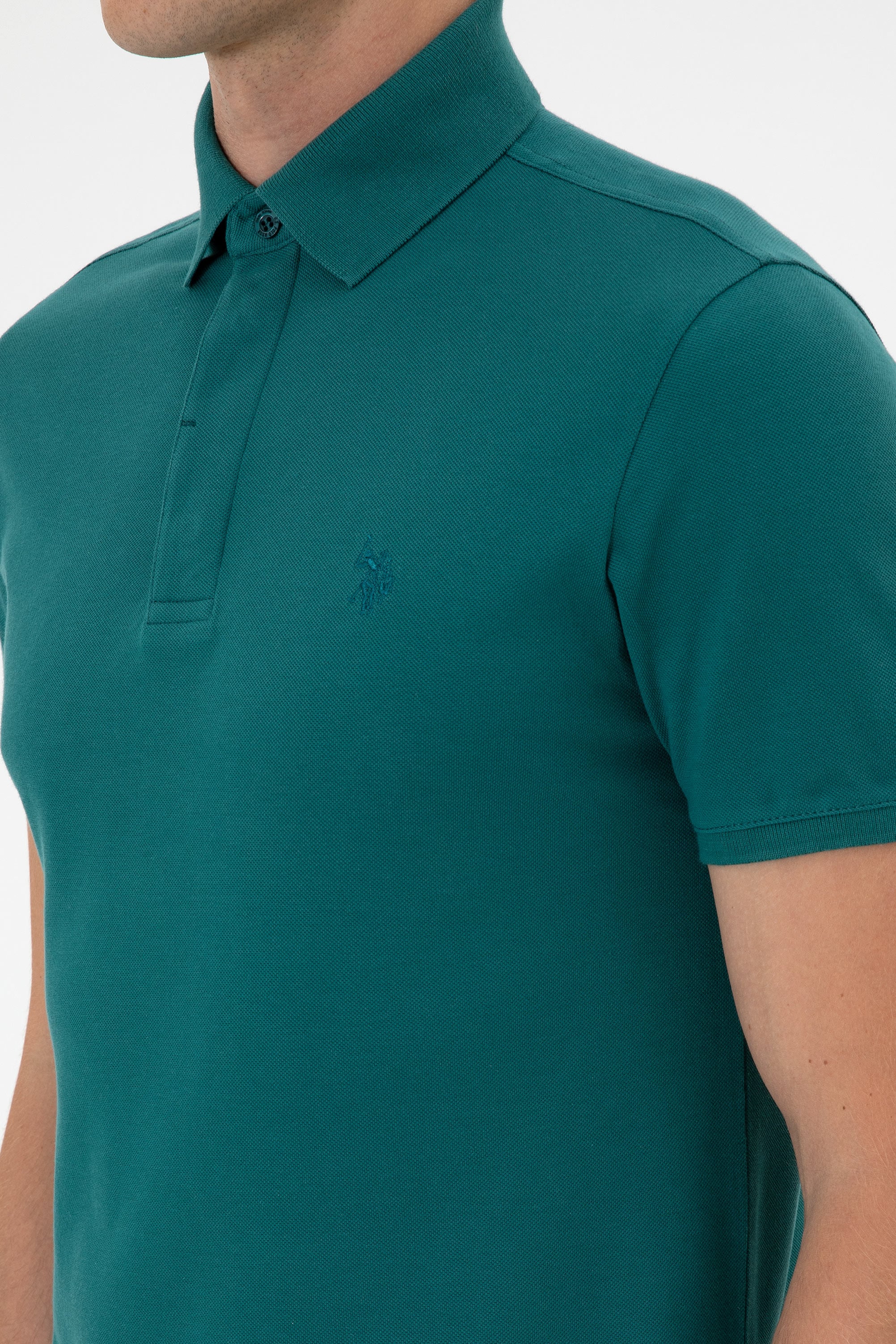 Erkek Slim Fit Polo Yaka Koyu Yeşil Basic Tişört