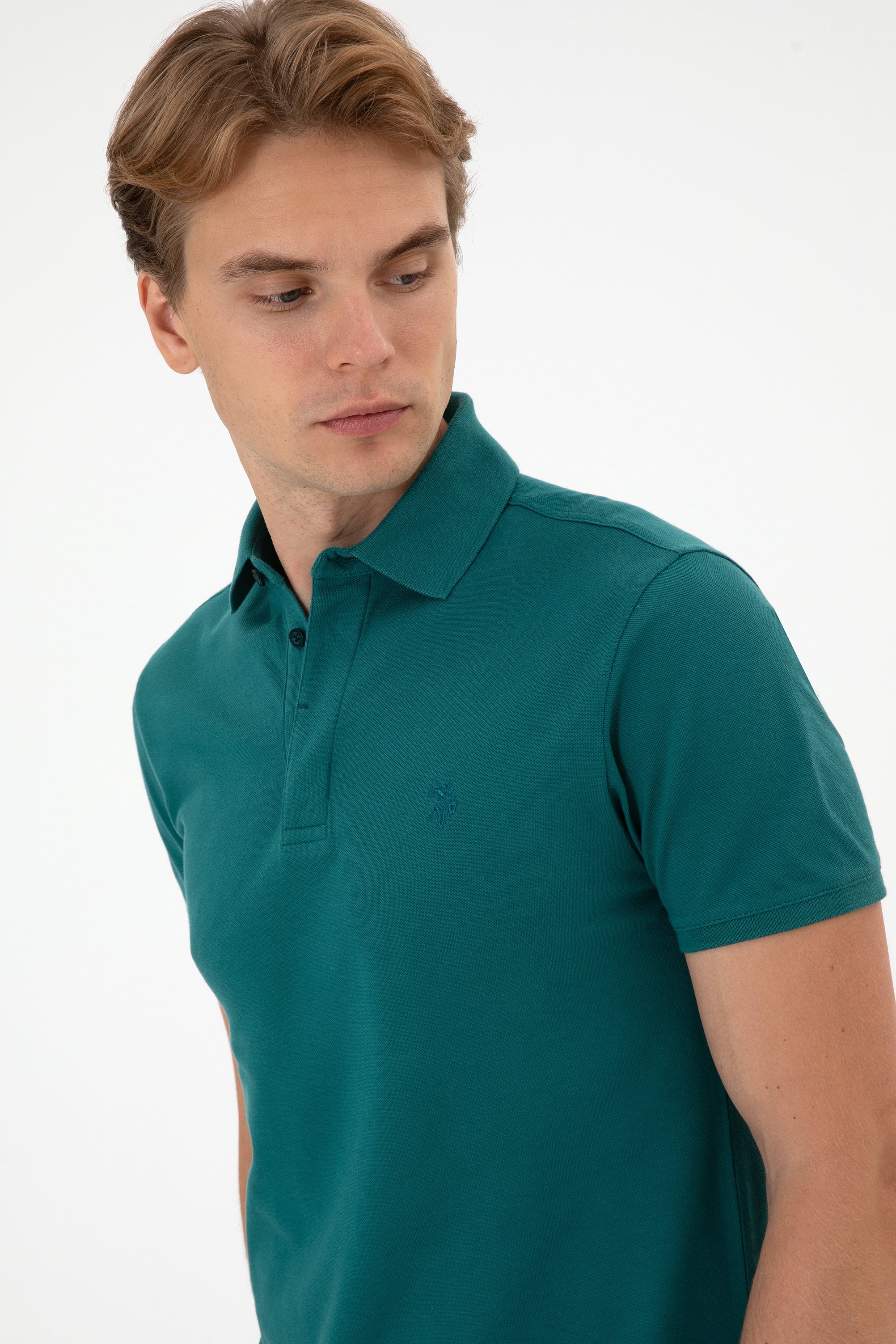 Erkek Slim Fit Polo Yaka Koyu Yeşil Basic Tişört