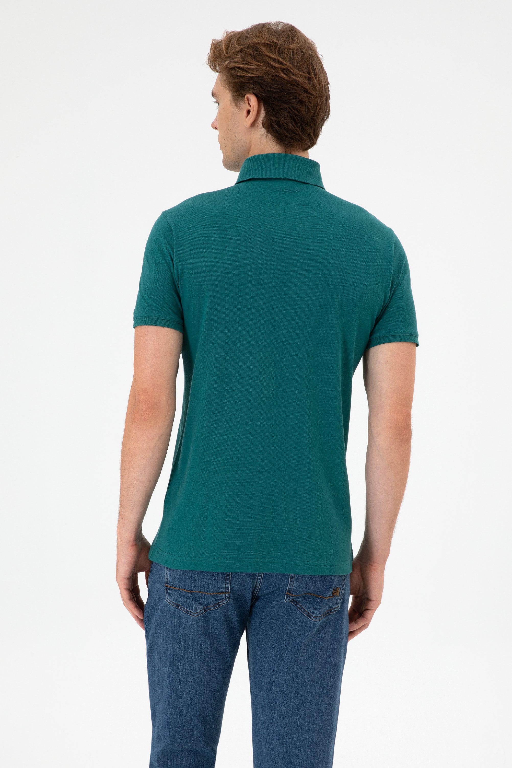Erkek Slim Fit Polo Yaka Koyu Yeşil Basic Tişört