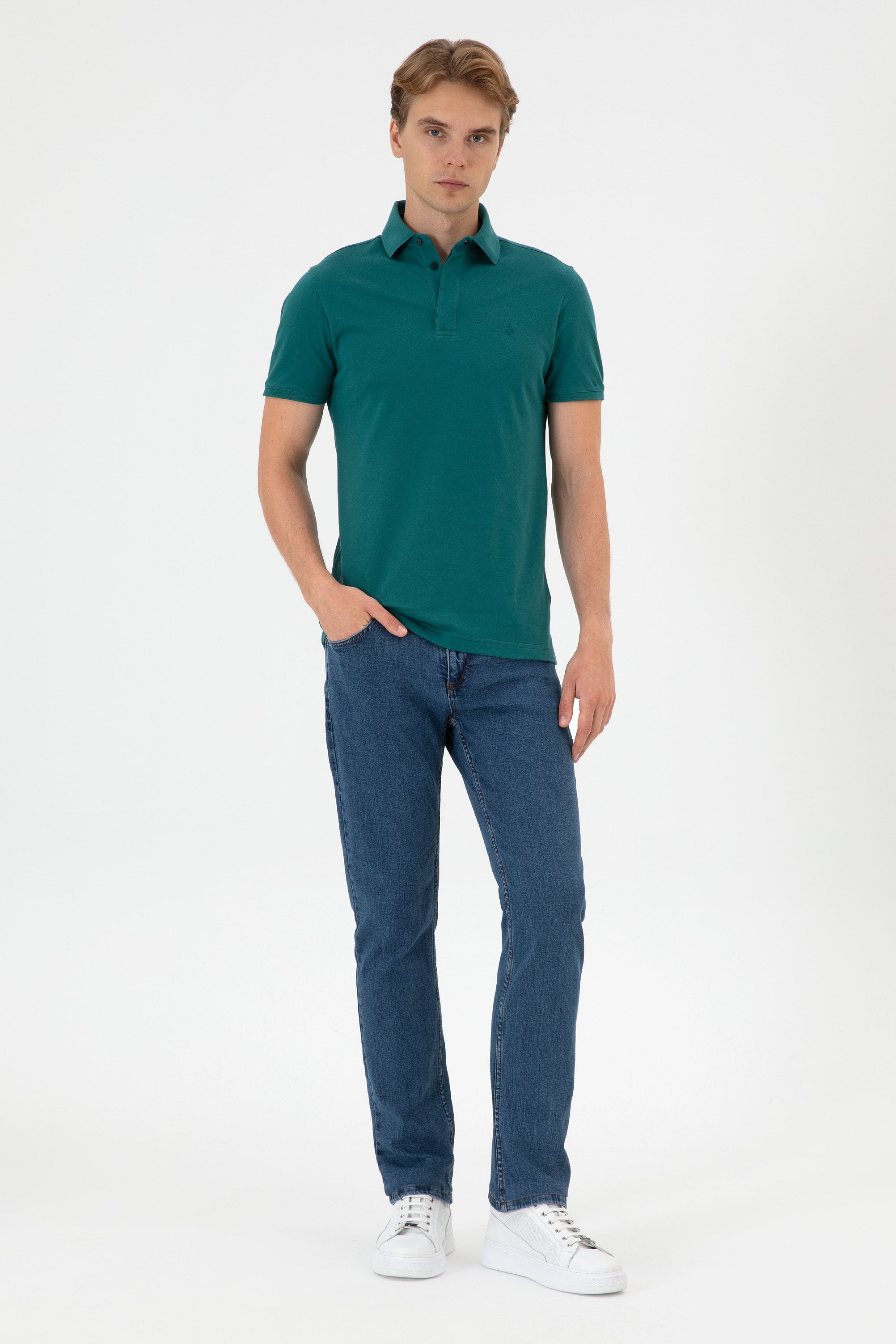 Erkek Slim Fit Polo Yaka Koyu Yeşil Basic Tişört