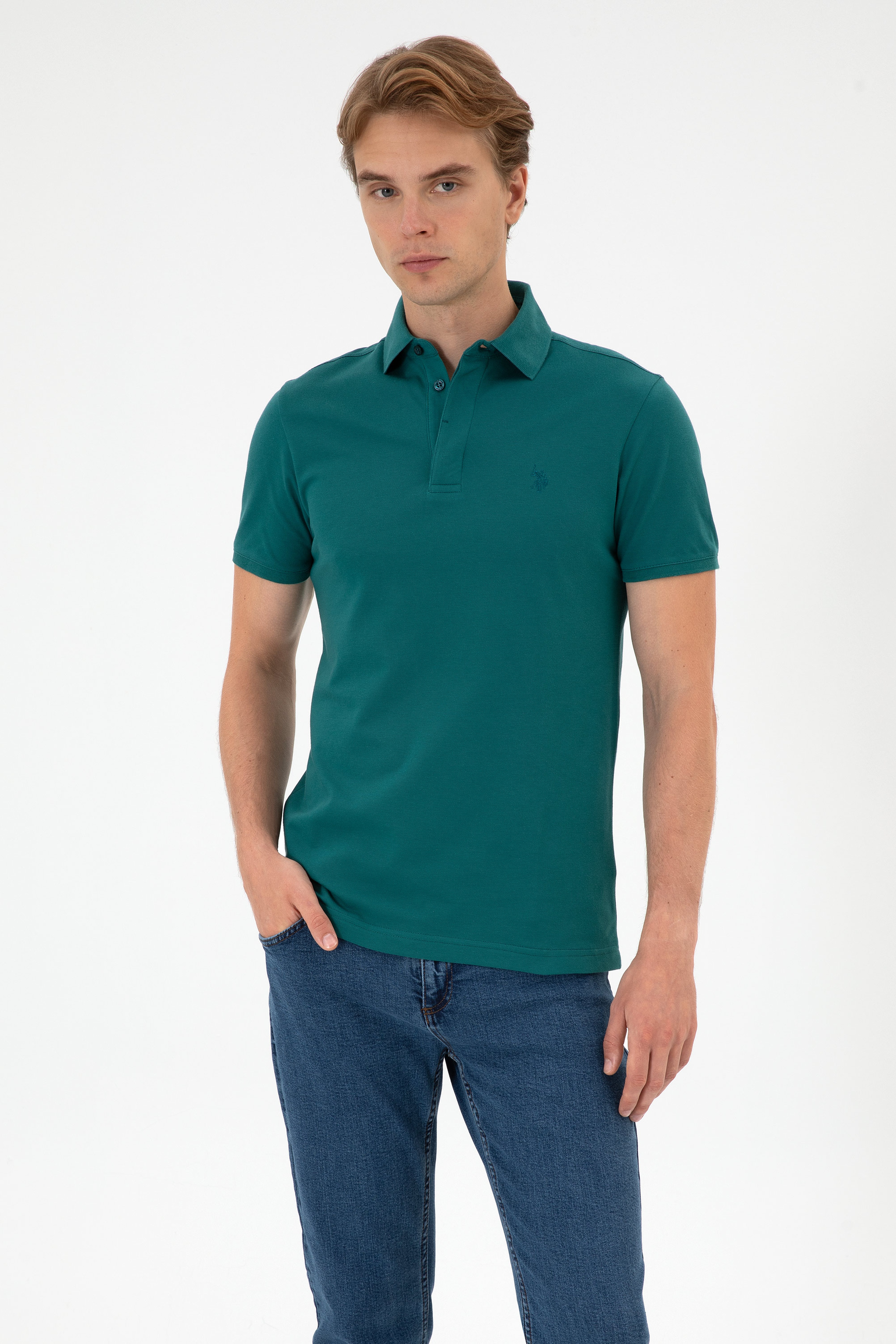 Erkek Slim Fit Polo Yaka Koyu Yeşil Basic Tişört - Image 1
