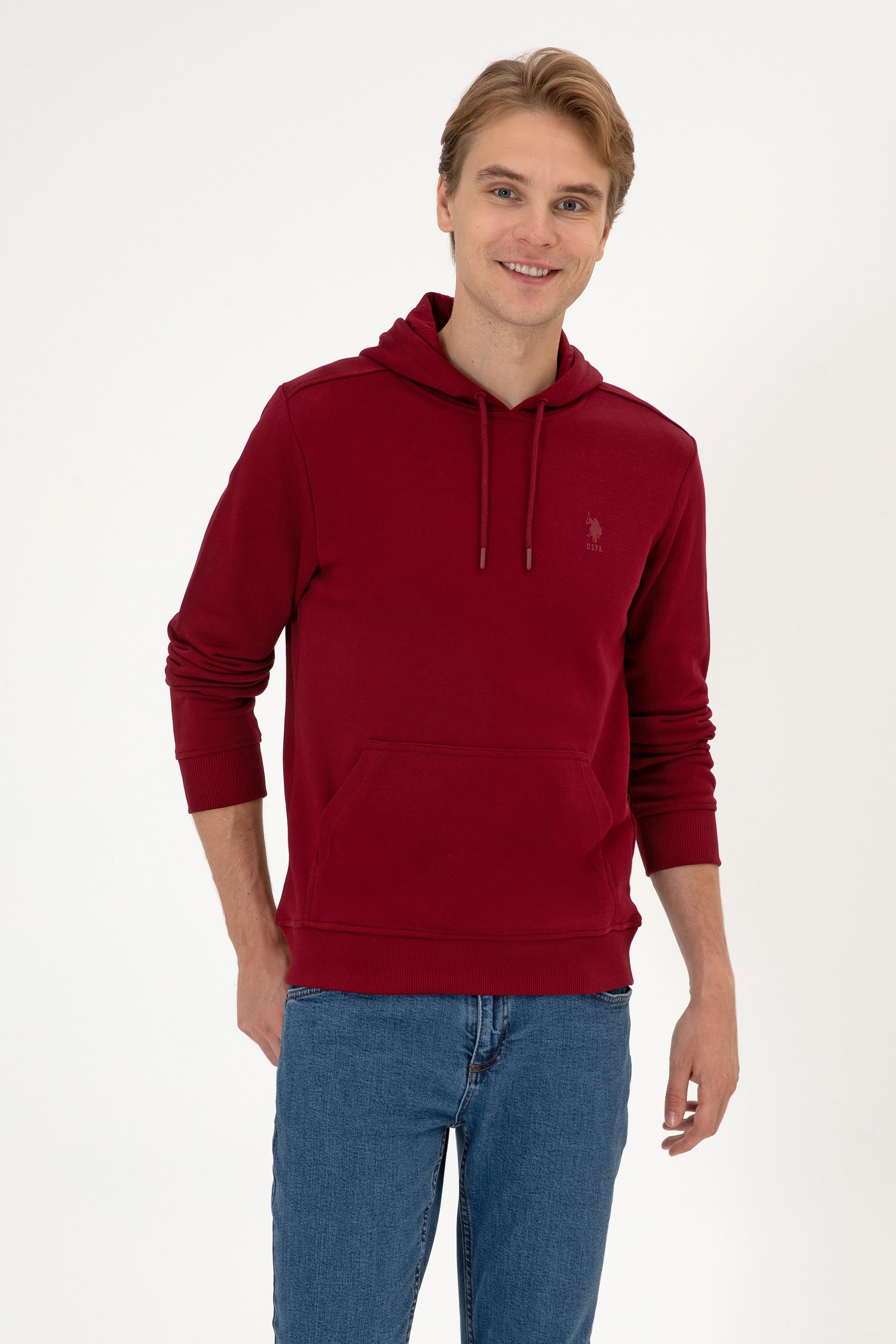 Erkek Regular Fit Kapüşonlu Bordo Basic Sweatshirt - Image 1