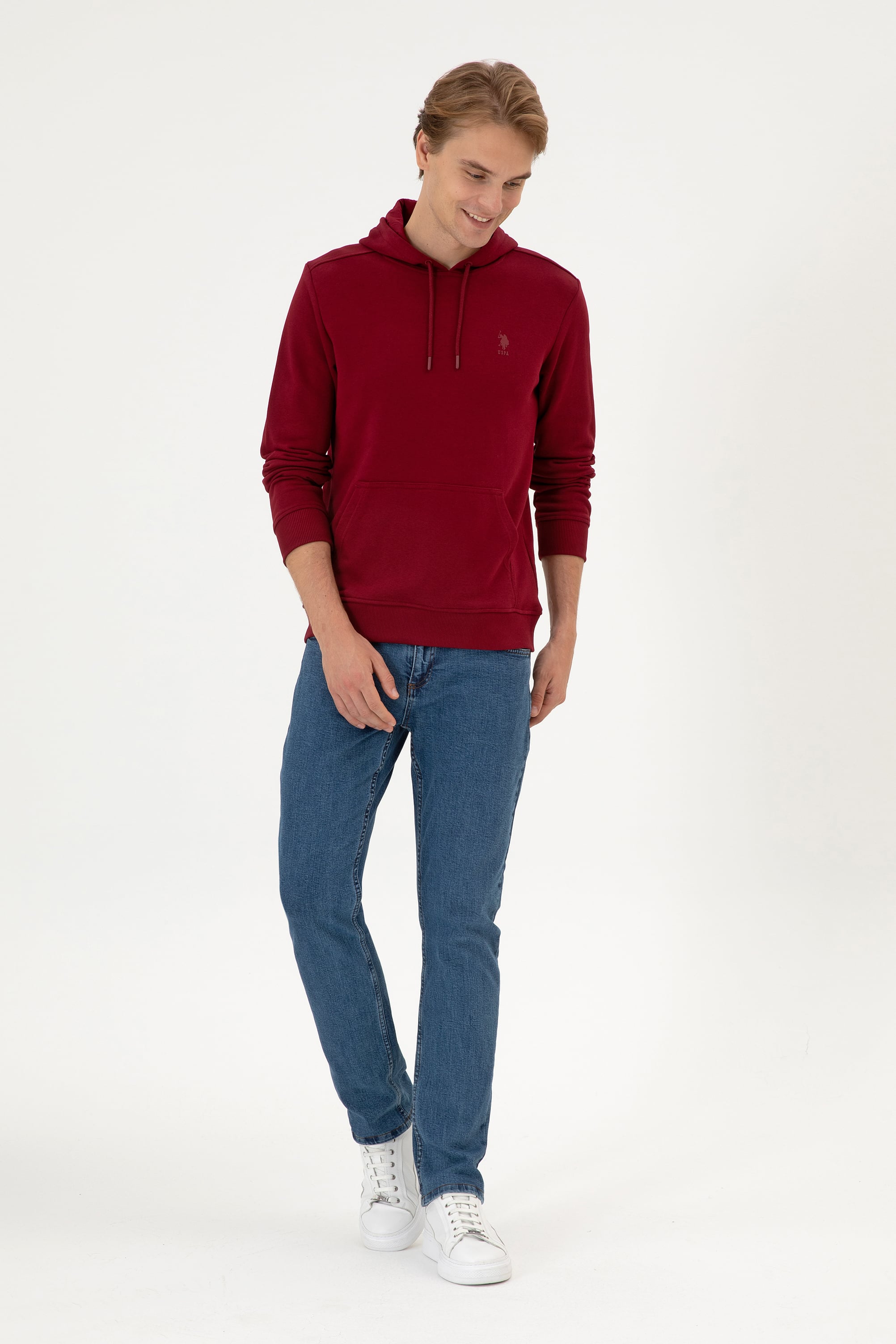 Erkek Regular Fit Kapüşonlu Bordo Basic Sweatshirt
