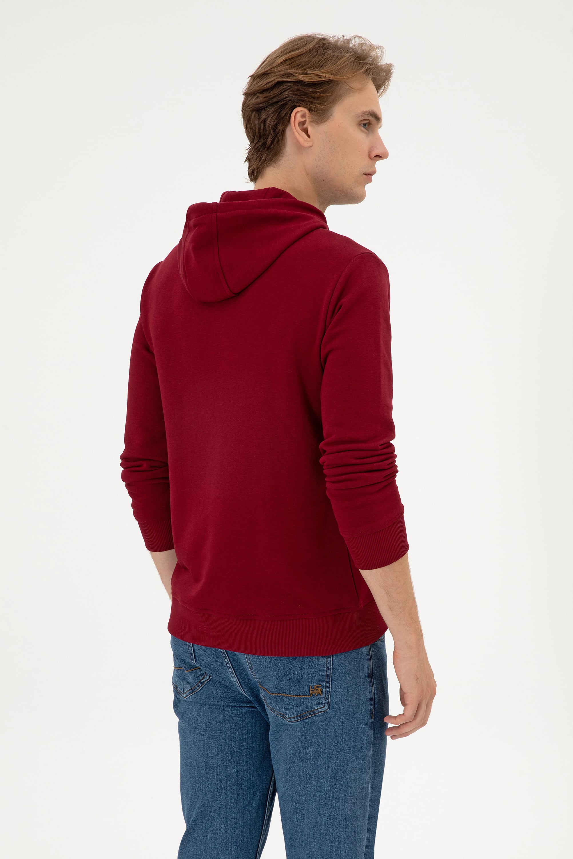 Erkek Regular Fit Kapüşonlu Bordo Basic Sweatshirt