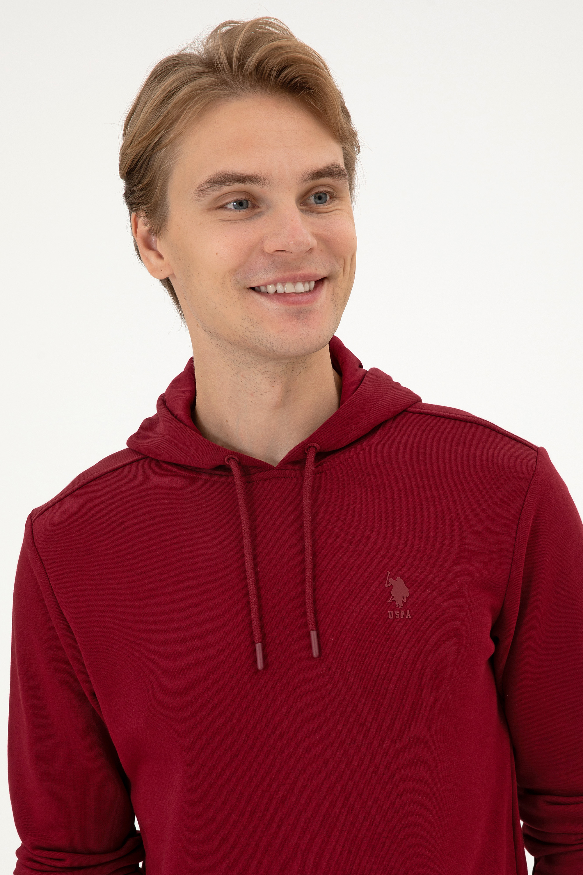 Erkek Regular Fit Kapüşonlu Bordo Basic Sweatshirt - Image 2