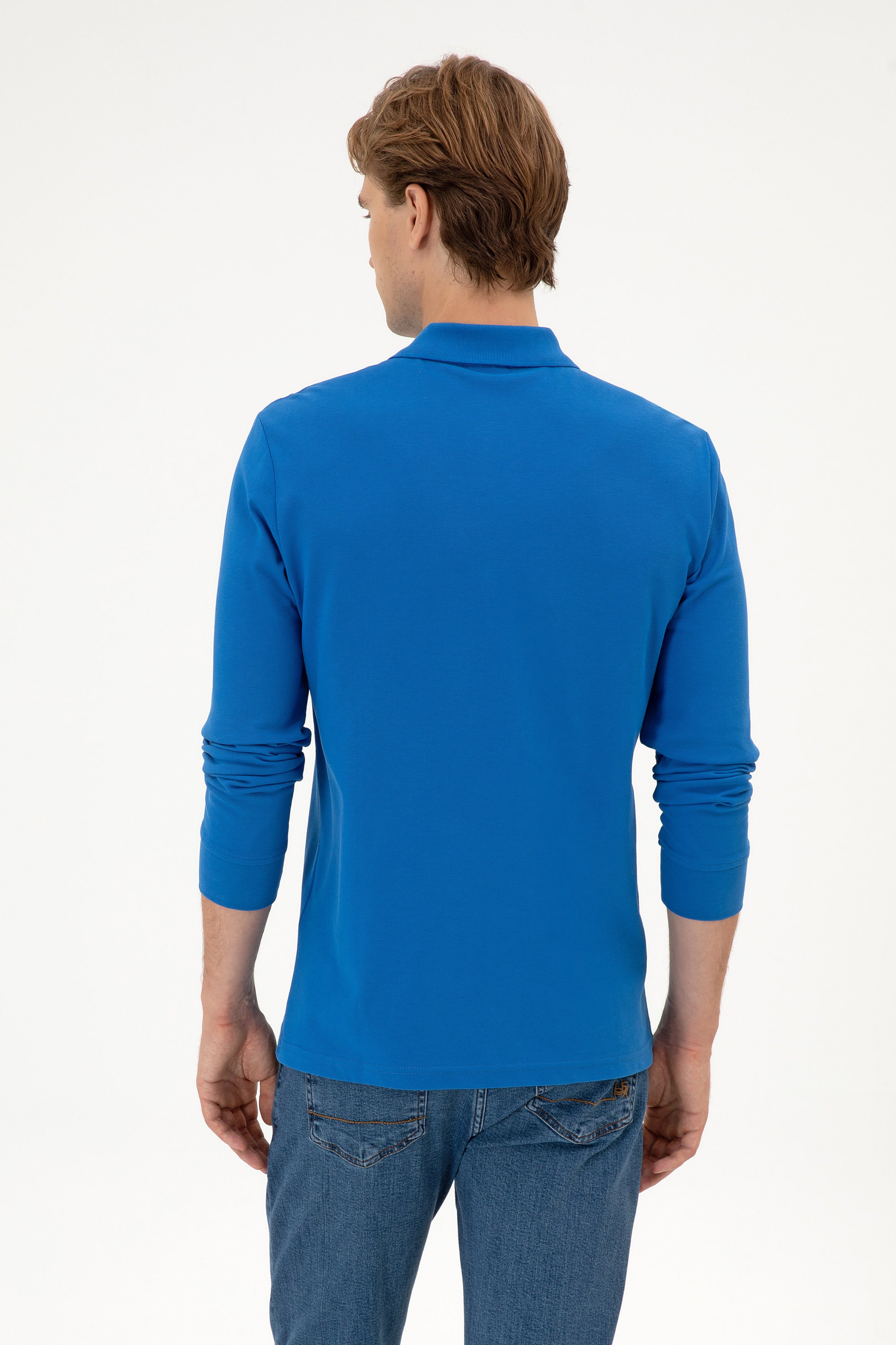 Erkek Regular Fit Polo Yaka Koyu Mavi Basic Sweatshirt