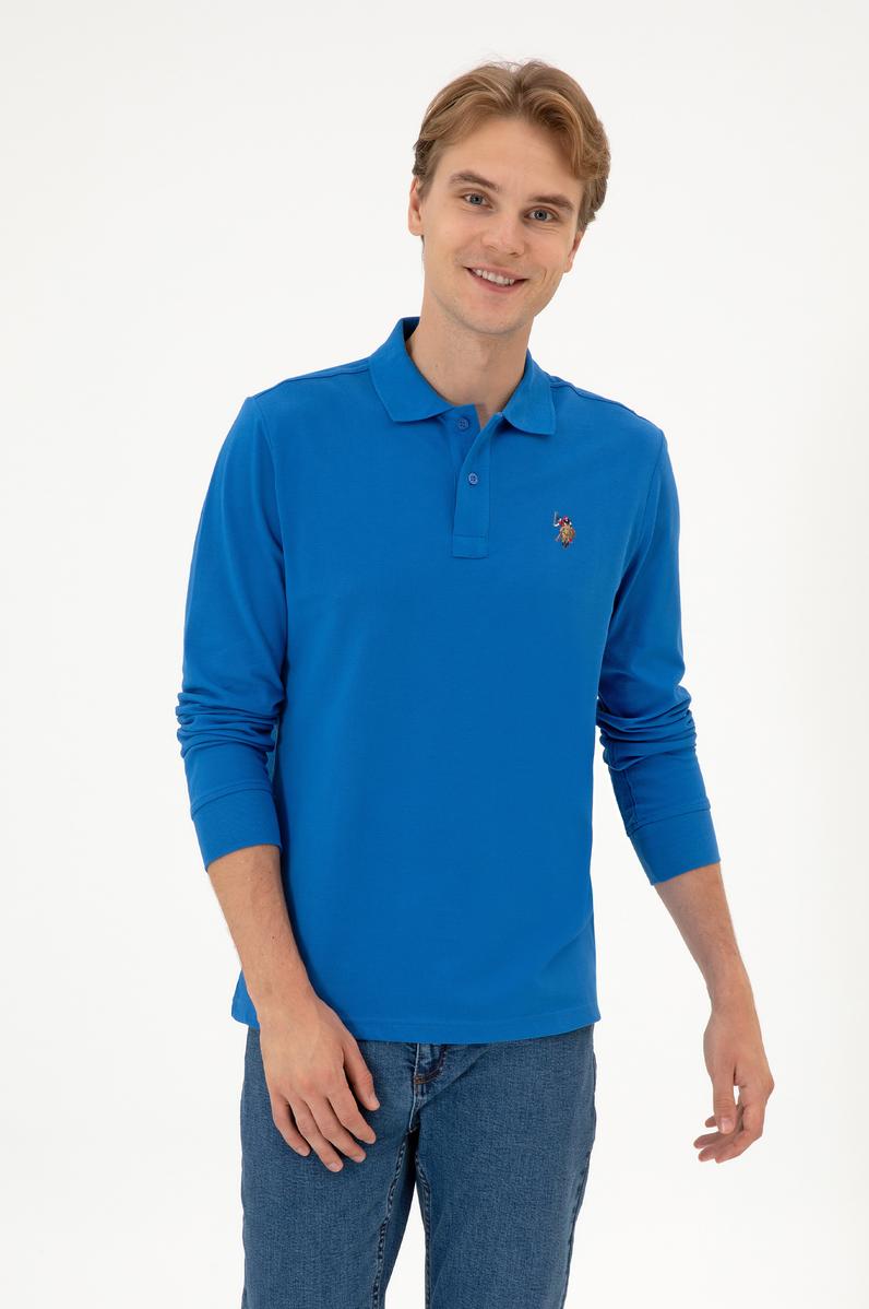 Erkek Regular Fit Polo Yaka Koyu Mavi Basic Sweatshirt
