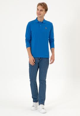 Erkek Regular Fit Polo Yaka Koyu Mavi Basic Sweatshirt - 50313772177
