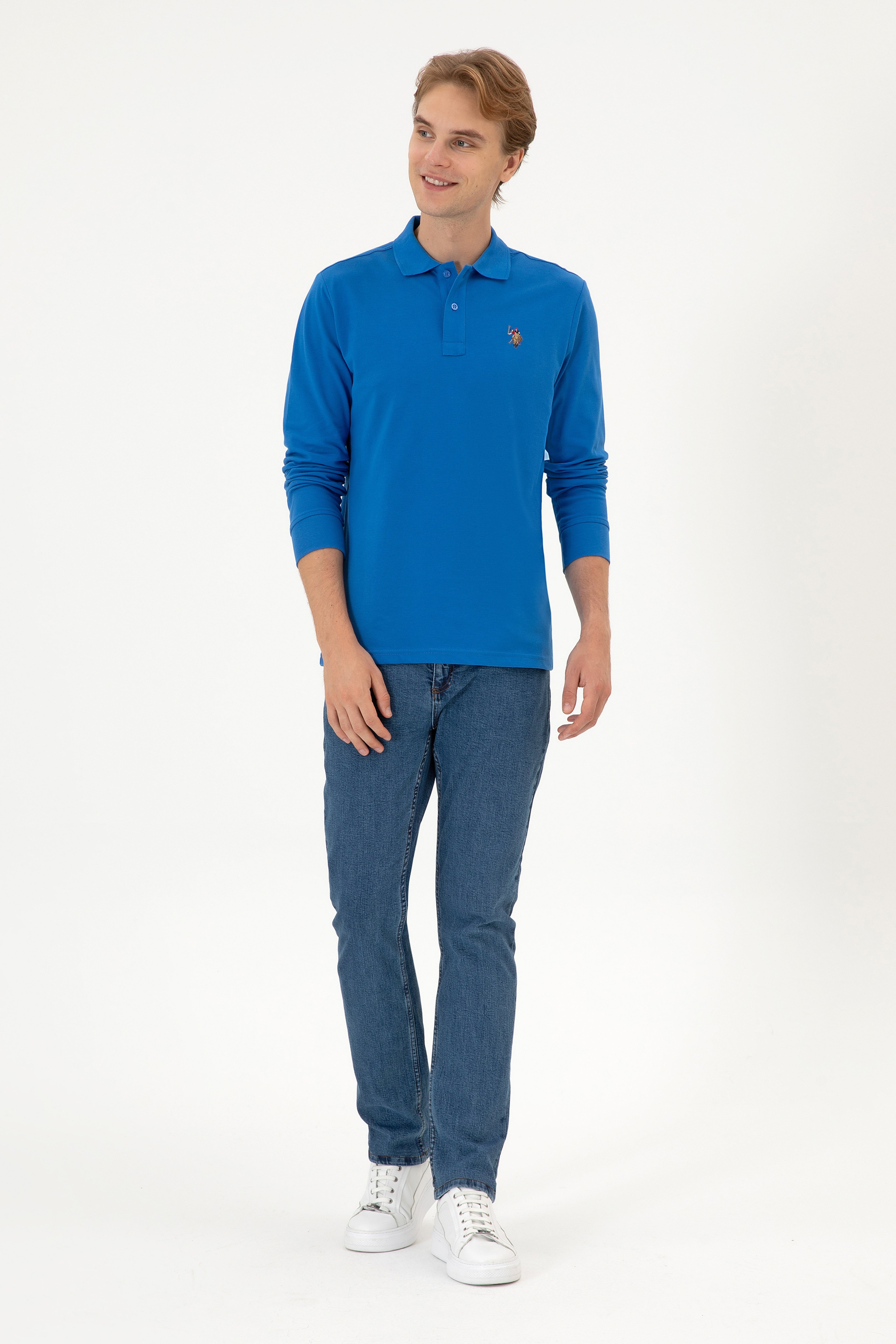 Erkek Regular Fit Polo Yaka Koyu Mavi Basic Sweatshirt - Image 4
