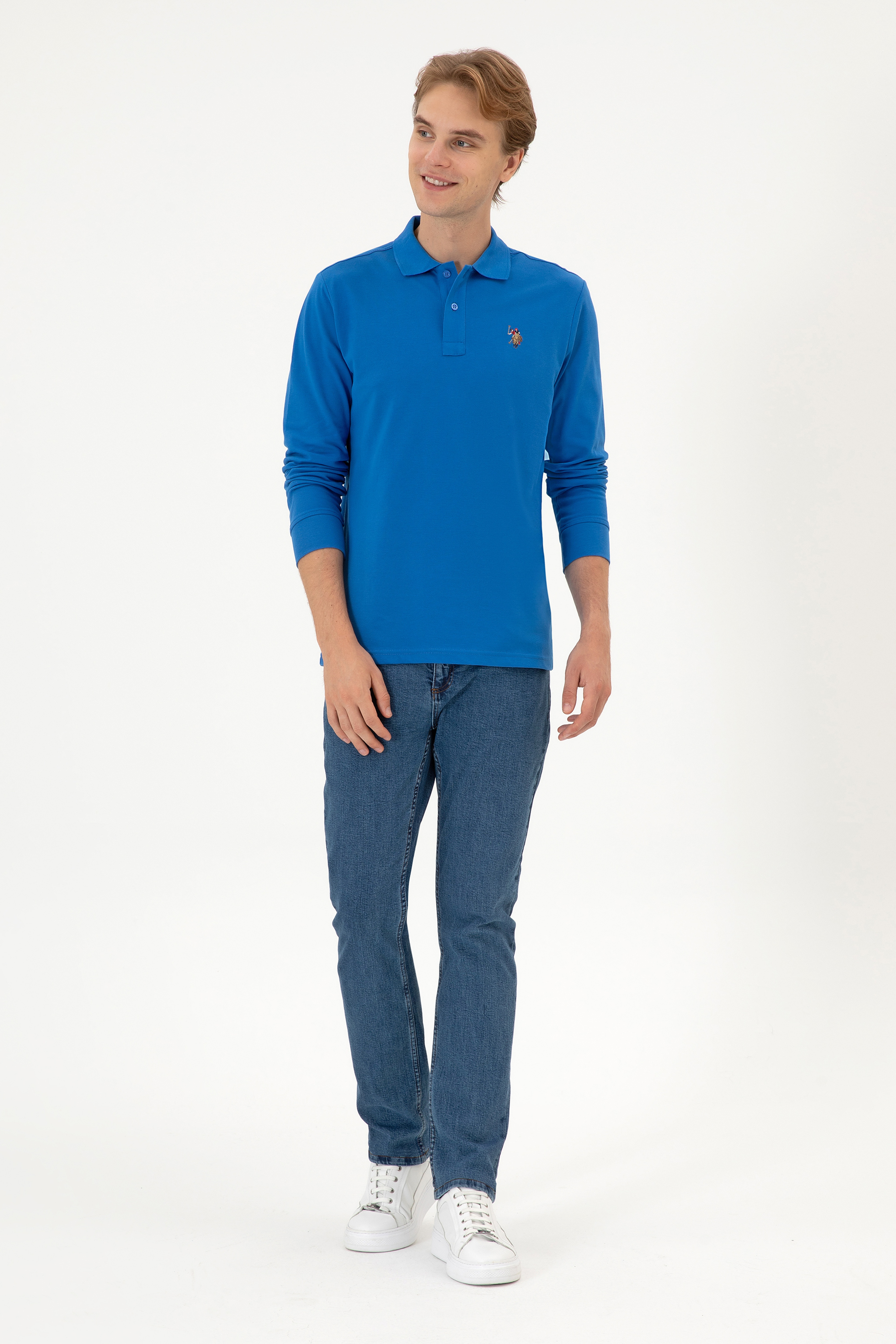 Erkek Regular Fit Polo Yaka Koyu Mavi Basic Sweatshirt
