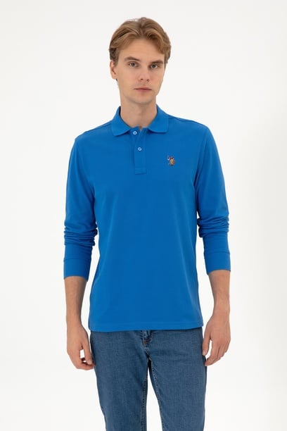 Erkek Regular Fit Polo Yaka Koyu Mavi Basic Sweatshirt