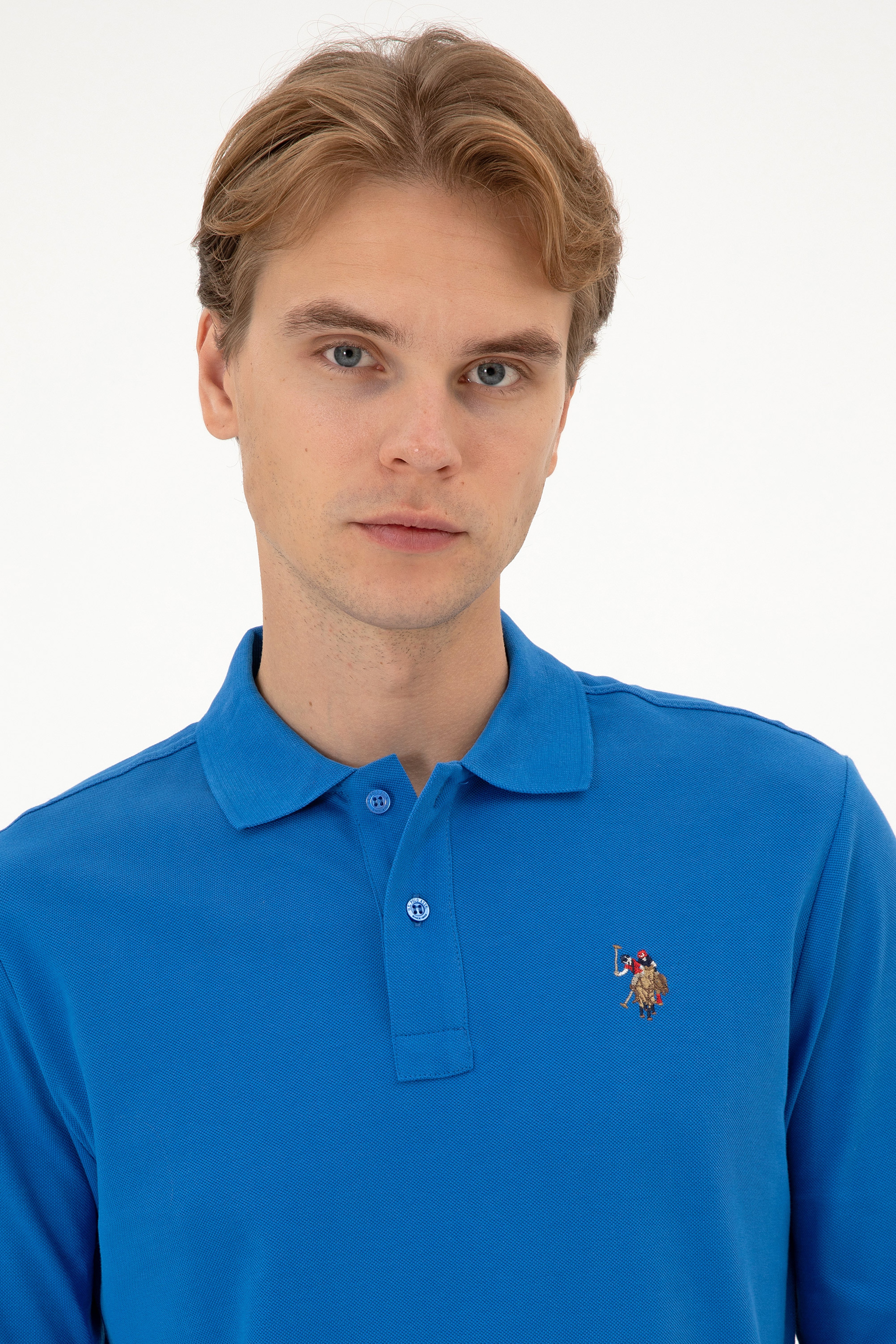 Erkek Regular Fit Polo Yaka Koyu Mavi Basic Sweatshirt - Image 2