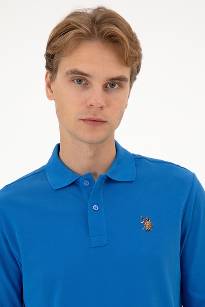 Erkek Regular Fit Polo Yaka Koyu Mavi Basic Sweatshirt
