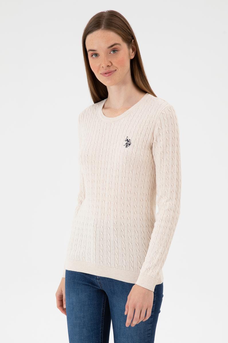 Kadın Krem Melanj Bisiklet Yaka Basic Kazak