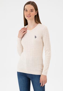 Kadın Krem Melanj Bisiklet Yaka Basic Kazak - 50313626031