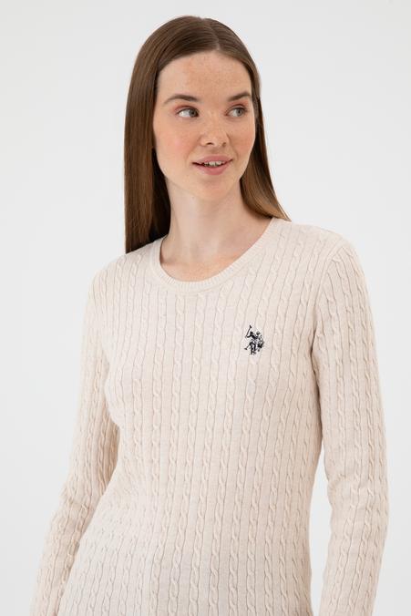 Kadın Krem Melanj Bisiklet Yaka Basic Kazak