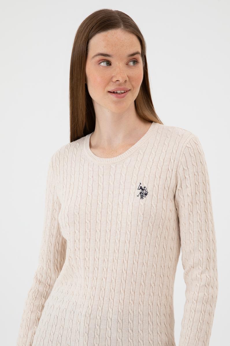 Kadın Krem Melanj Bisiklet Yaka Basic Kazak