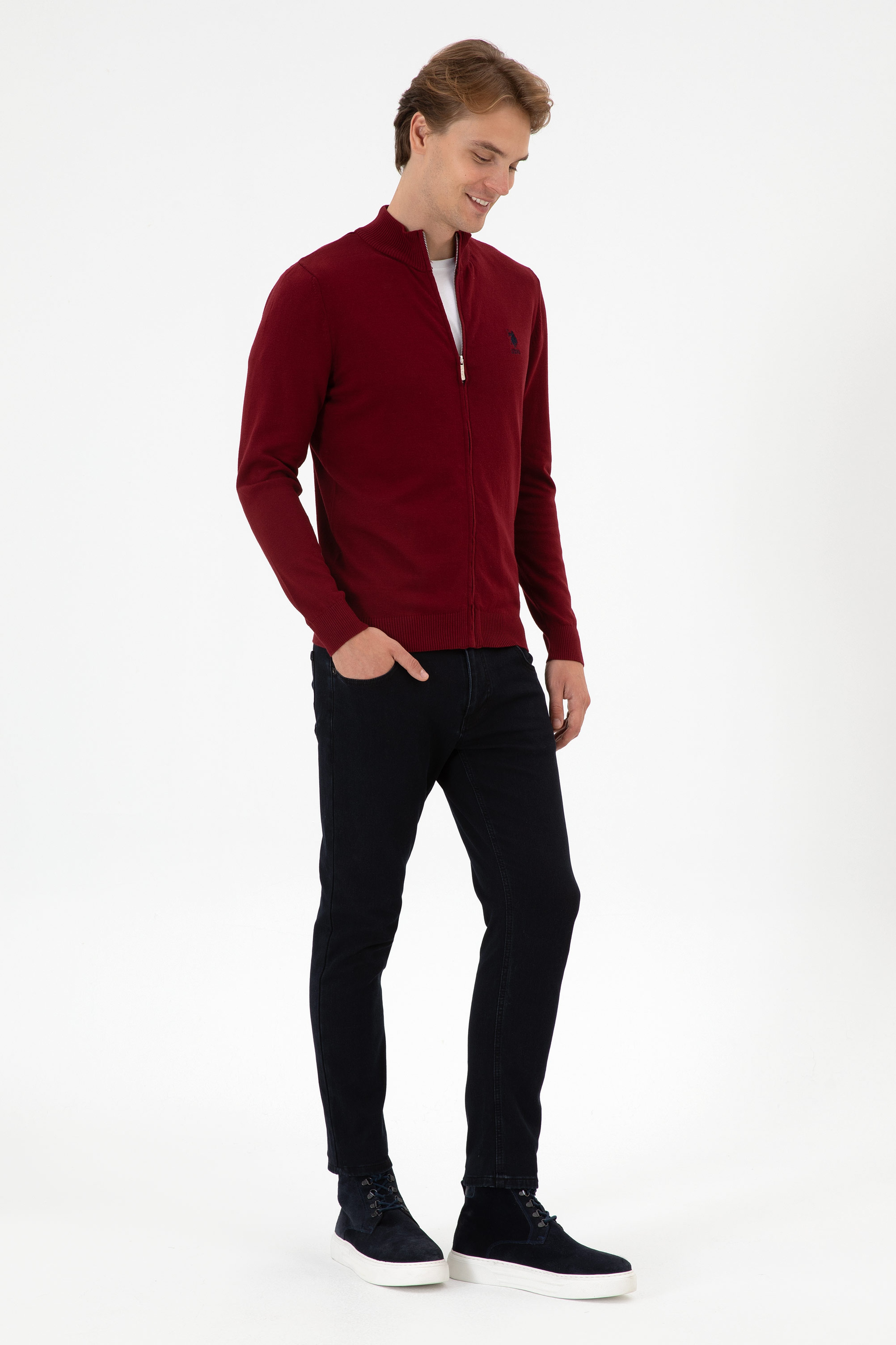 Erkek Slim Fit Bordo Triko Hırka - Image 4