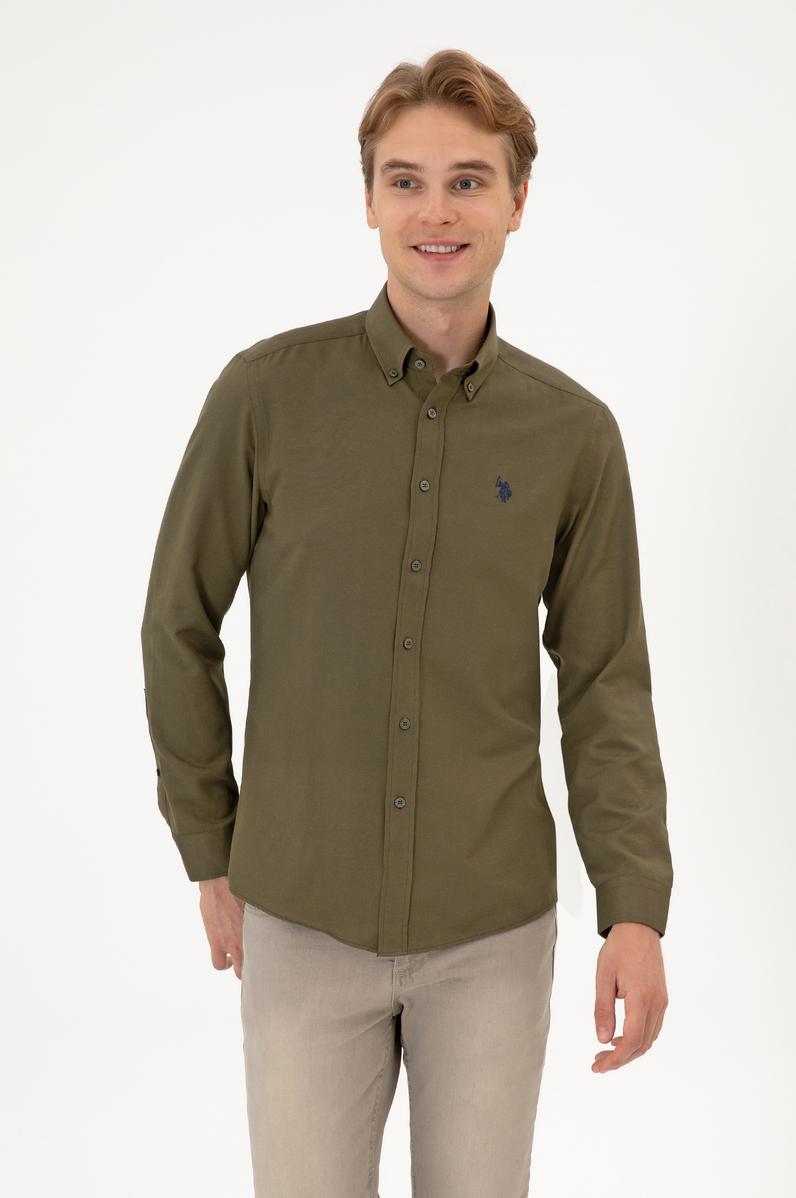Erkek Haki Uzun Kollu Basic Gömlek