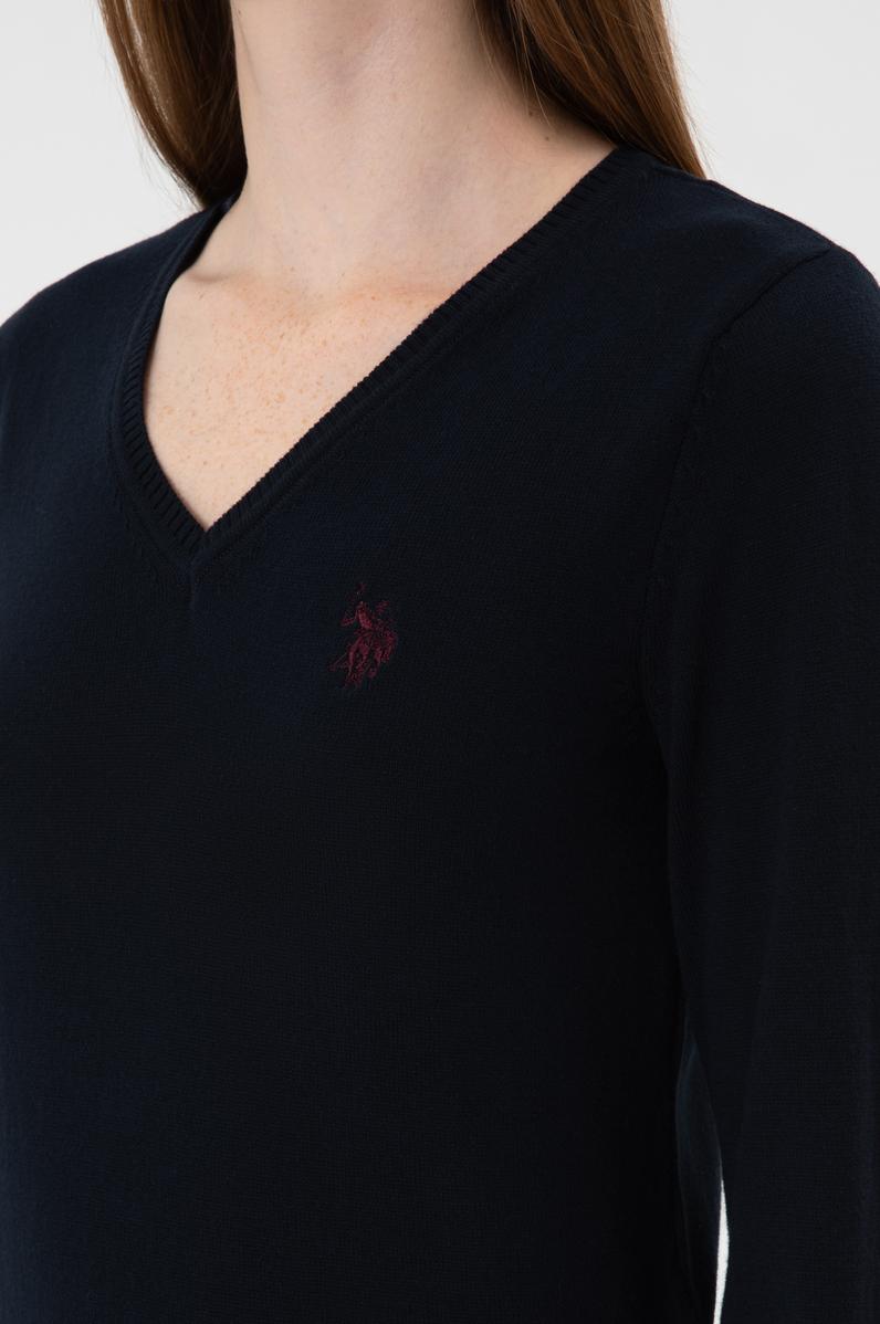 Kadın Lacivert V Yaka Basic Kazak