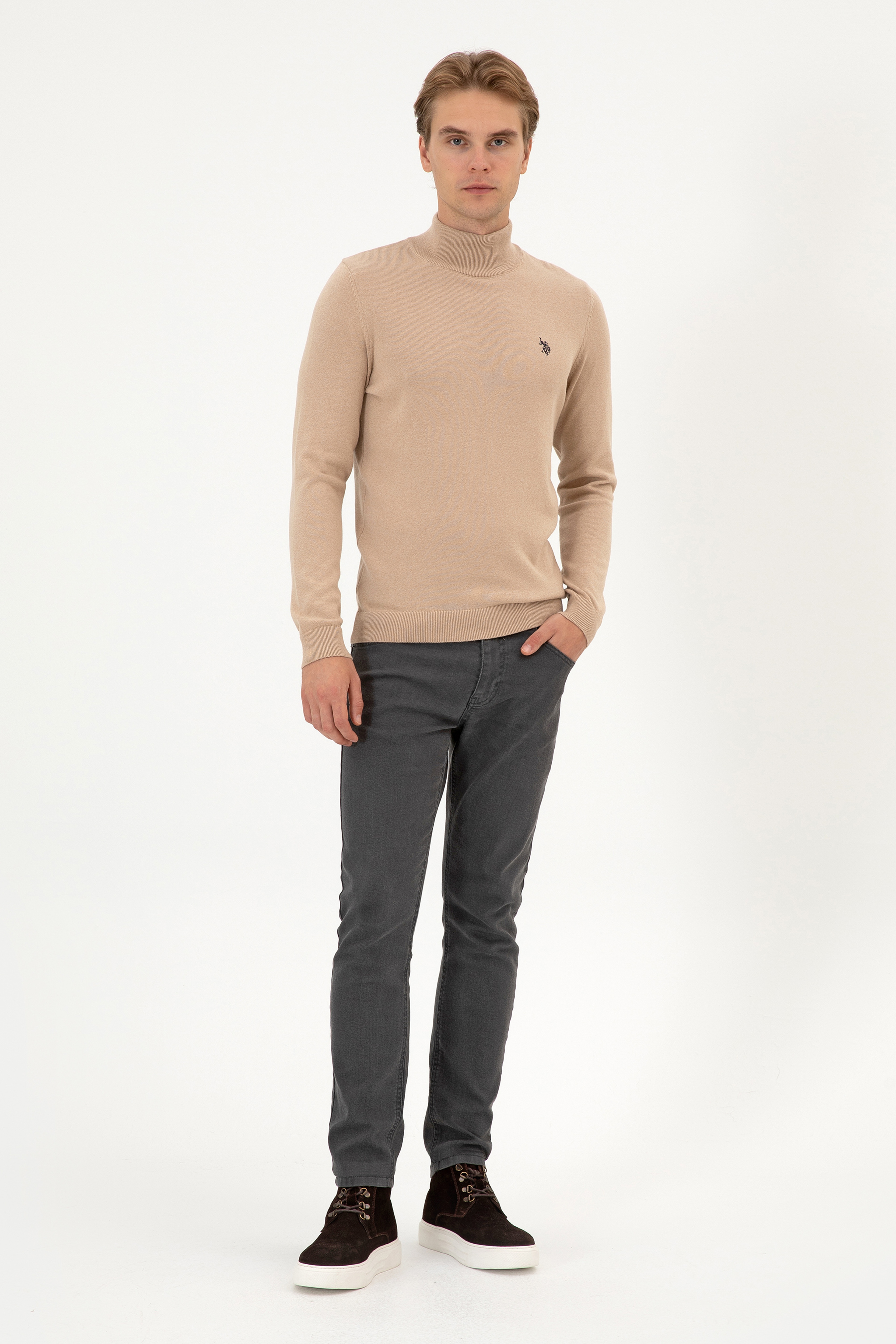 Erkek Slim Fit Boğazlı Kum Melanj Basic Kazak - Image 4