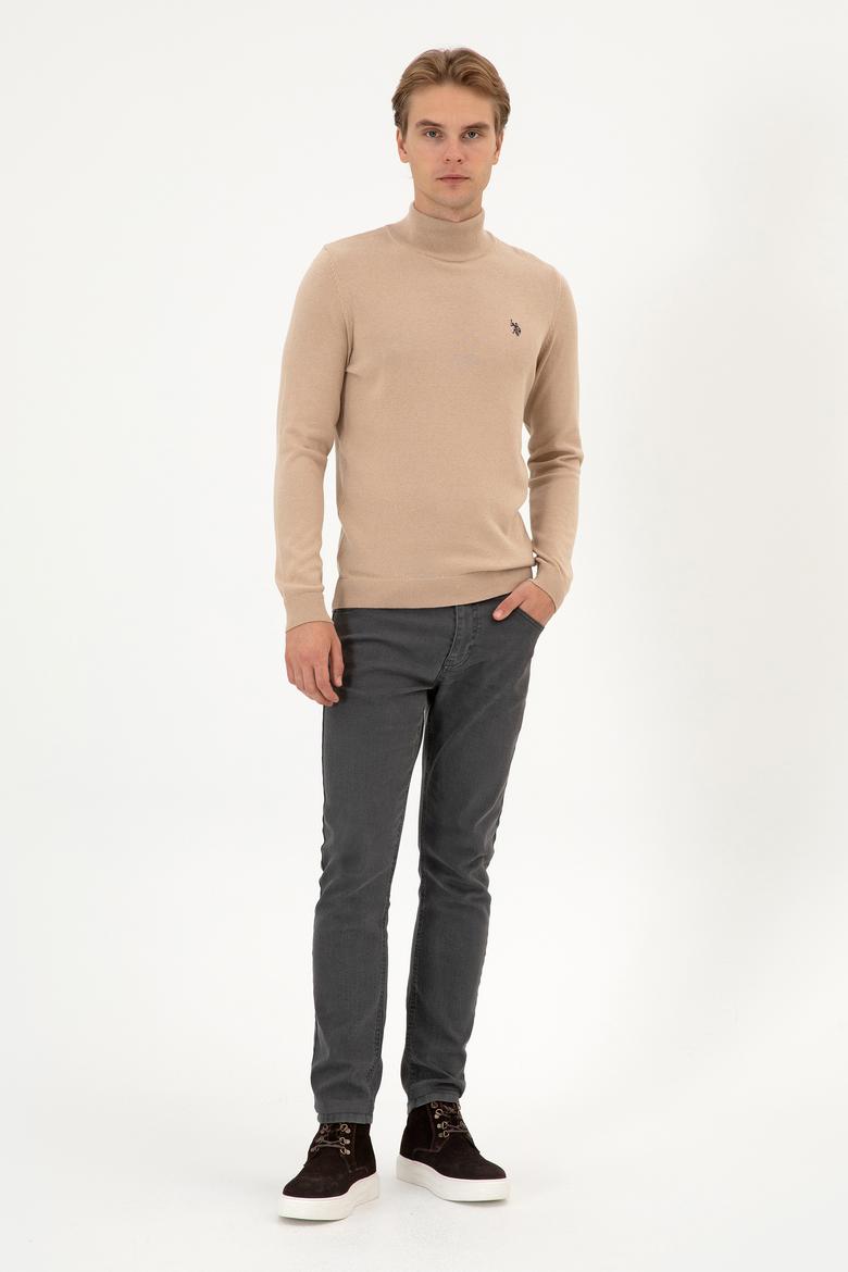 Erkek Slim Fit Boğazlı Kum Melanj Basic Kazak - 50313712005